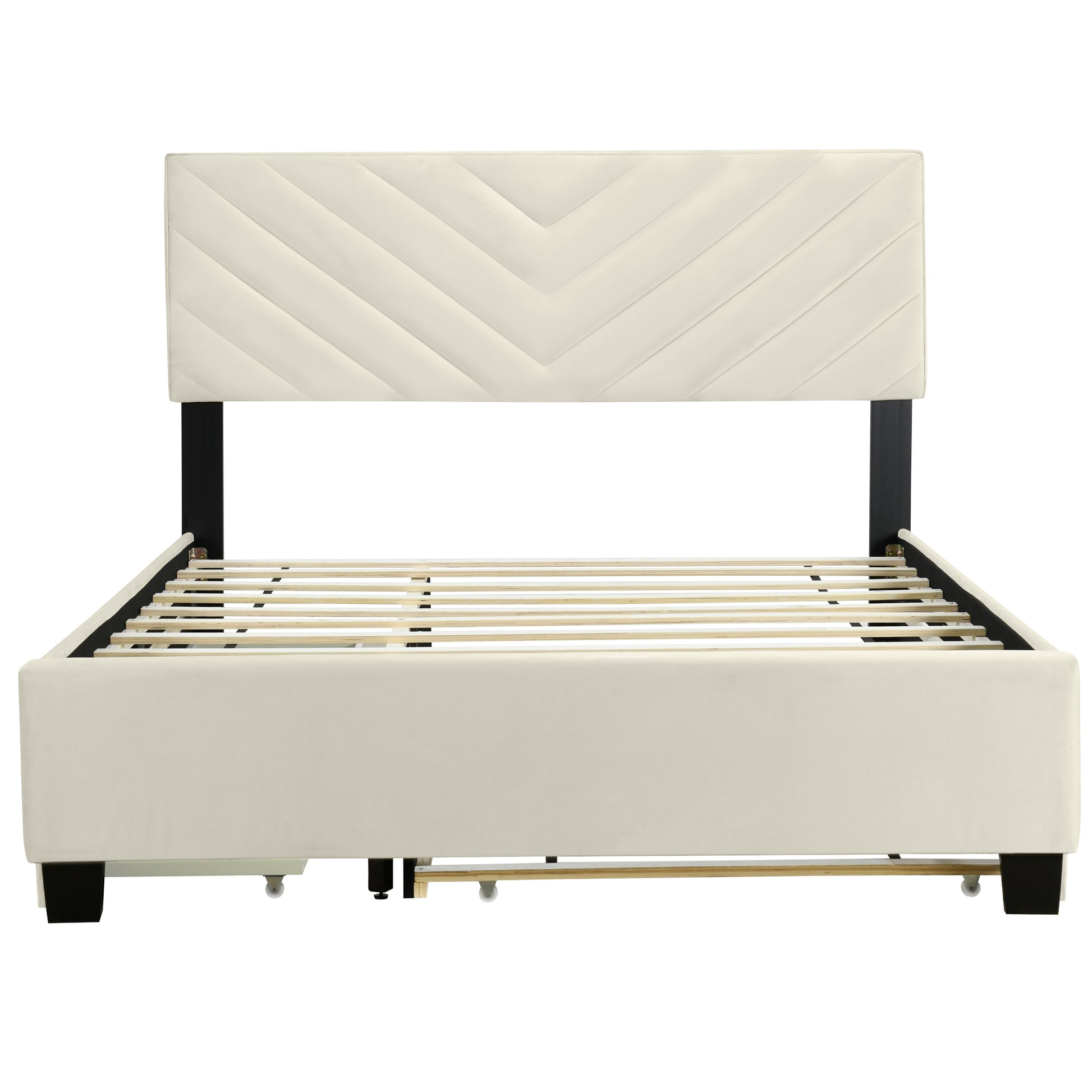 Queen Size Upholstered Platform Bed With Twill Headboard, Pullout Bed And Two Drawers, Flannel, Beige Queen Beige Mdf Lvl