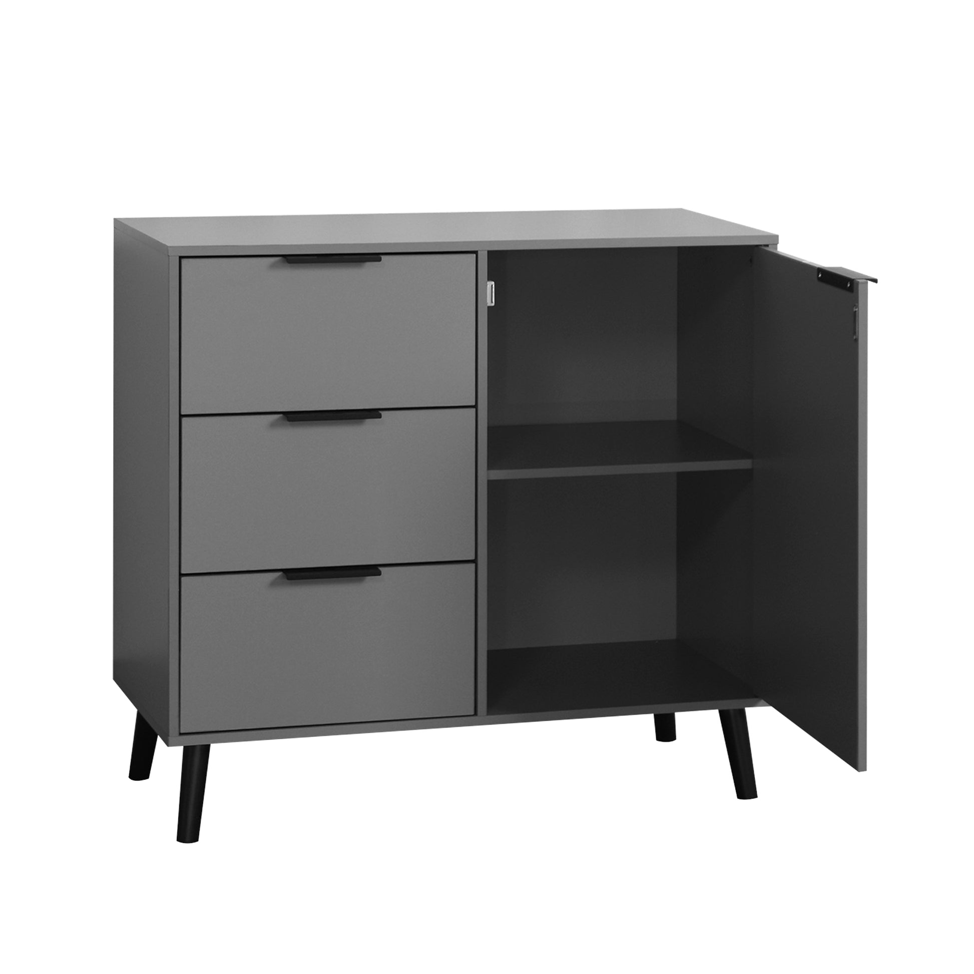 Storage Cabinet With 3 Drawers & Adjustable Shelf, Mid Century Cabinet With Door, Accent Cabinet For Living Room, Home Office, Entryway, Gray 3 4 Drawers Gray Particle Board