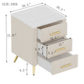 Upholstered Wooden Nightstand With 3 Drawers And Metal Legs&Handles, Bedside Table With Marbling Stickers Worktop Beige Beige Velvet