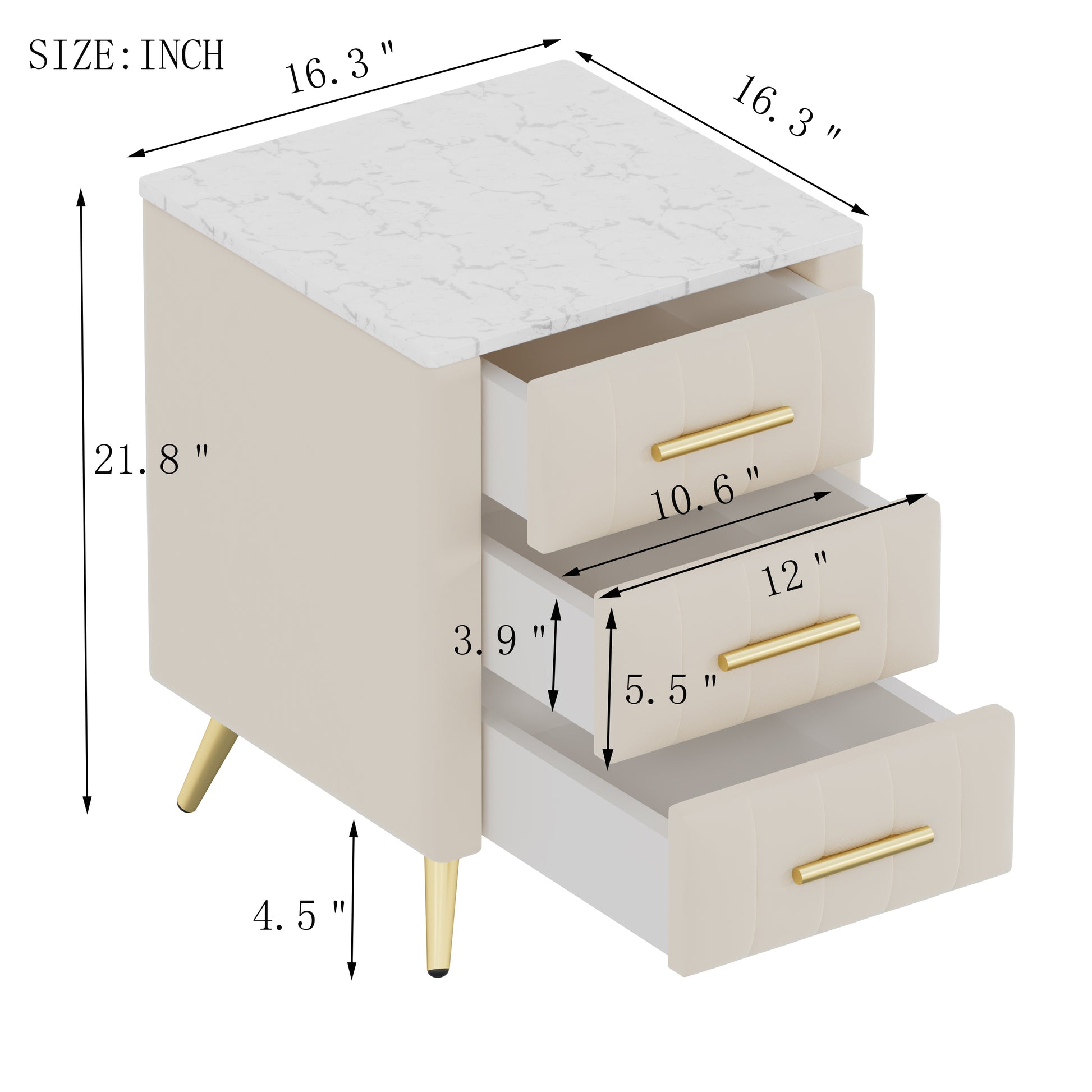 Upholstered Wooden Nightstand With 3 Drawers And Metal Legs&Handles, Bedside Table With Marbling Stickers Worktop Beige Beige Velvet