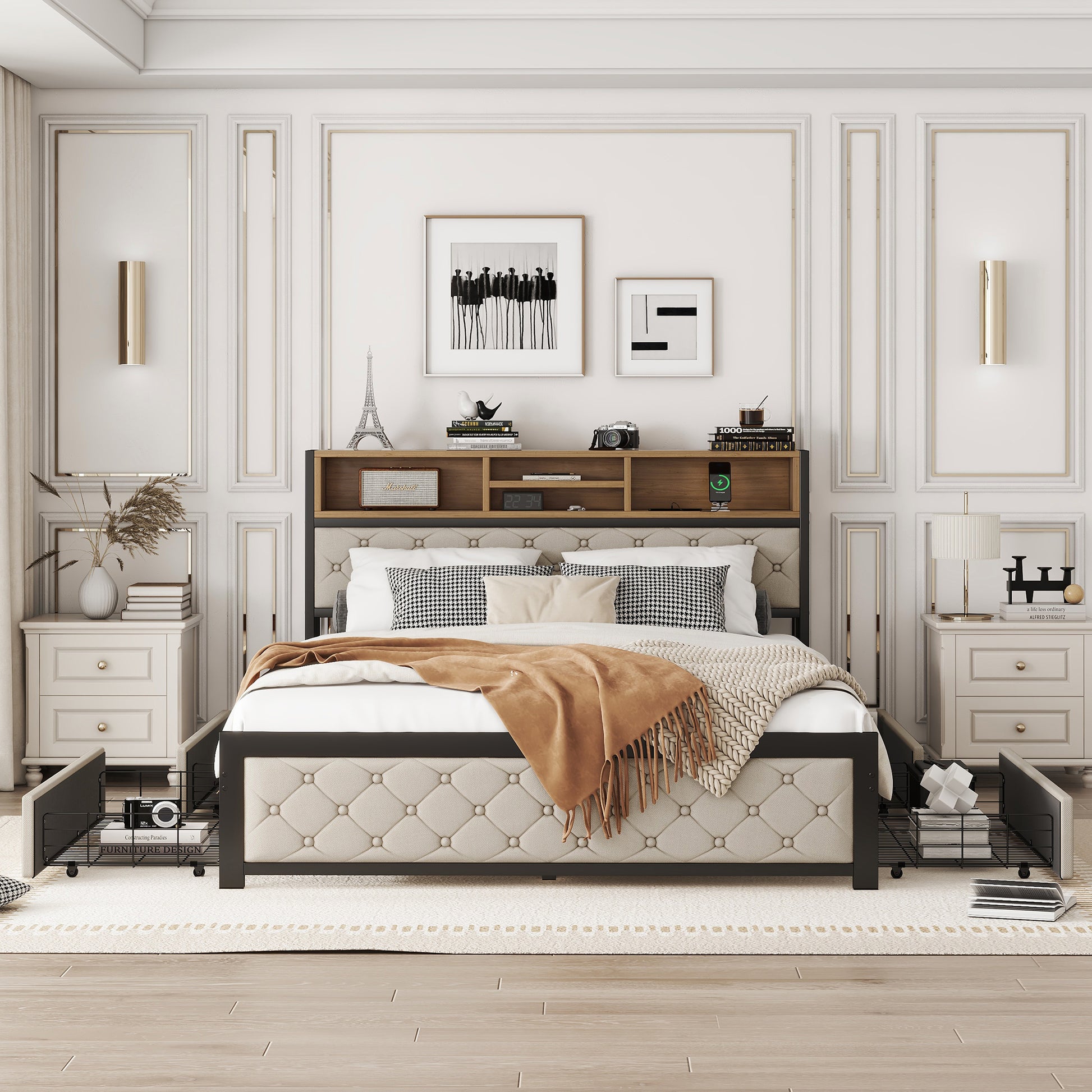 Metal Queen Size Platform Bed With 4 Drawers, Upholstered Headboard And Footboard, Sockets And Usb Ports, Beige Queen Beige Black Fabric Metal