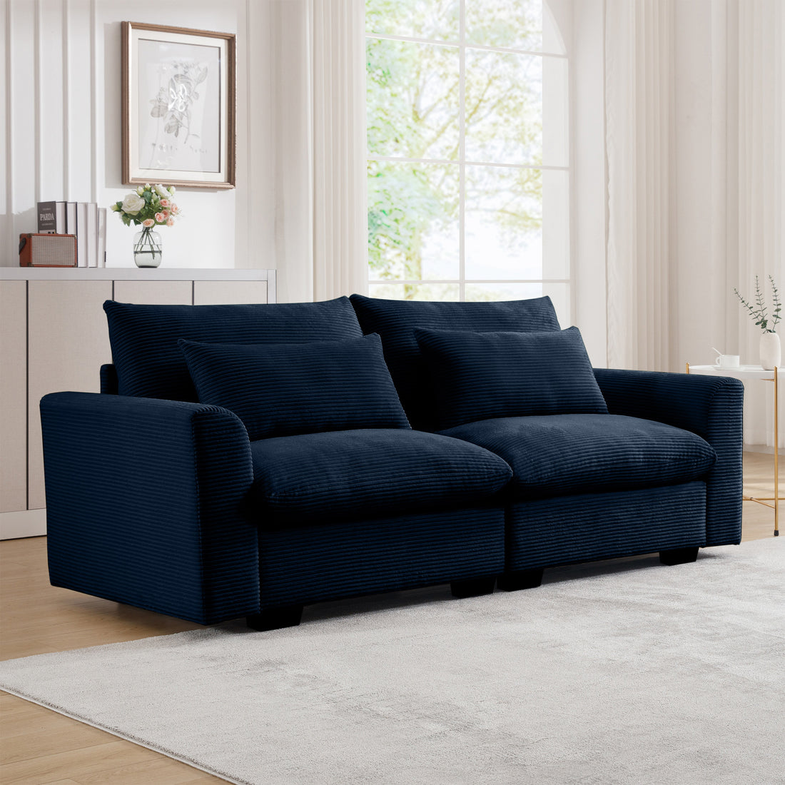 Modern Sofa 2 Seater Corduroy Fabric Sofa With Armrests For Apartment Living Room, Bule Blue Corduroy 2 Seat