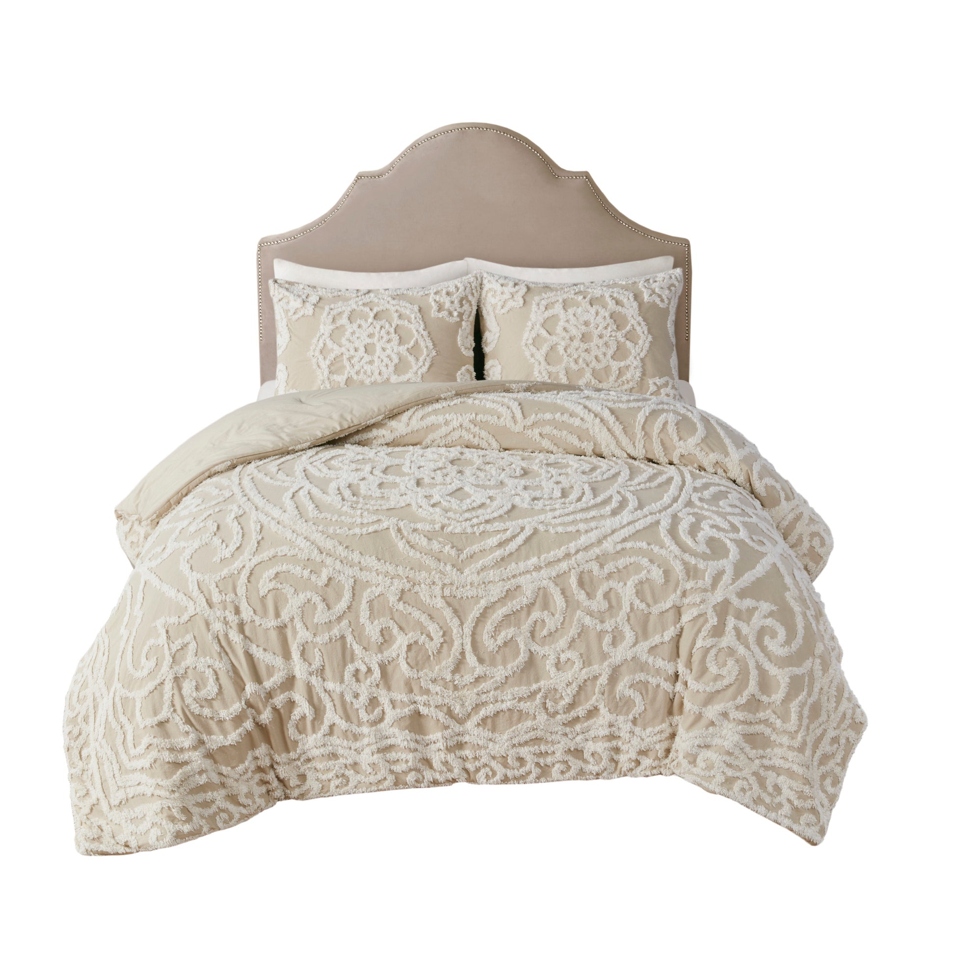 Tufted Cotton Chenille Medallion Comforter Set Taupe Full Queen Full Taupe Polyester
