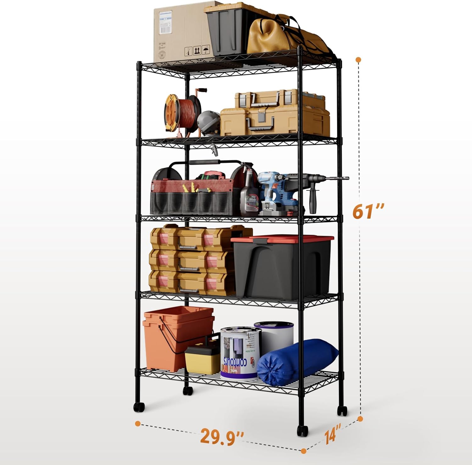 Heavy Duty 5 Shelf Storage Shelving Unit, 1250Lbs Loading Capacity, 29.92" D X 13.98" W X 62.99" H Adjustable Steel Organizer Wire Rack, Black, 2 Pack Black Steel
