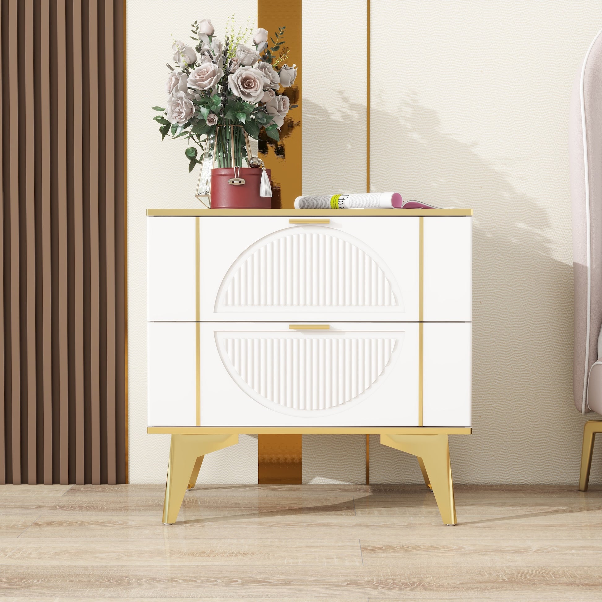 Two Pack White 2 Drawer Round Card Gold Bar Blister Nightstand White Wood