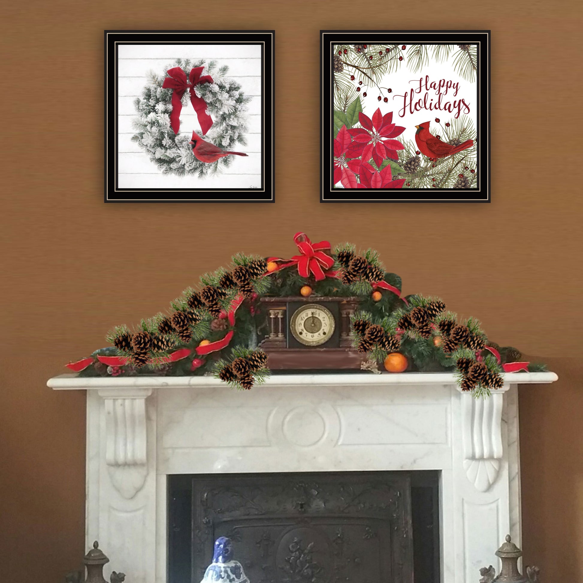 2 Piece Vignette Cardinal Wreath Black Framed Wall Art For Living Room, Bedroom Wall Art Print For Home Decor By Linda Spivey Multicolor Wood Paper