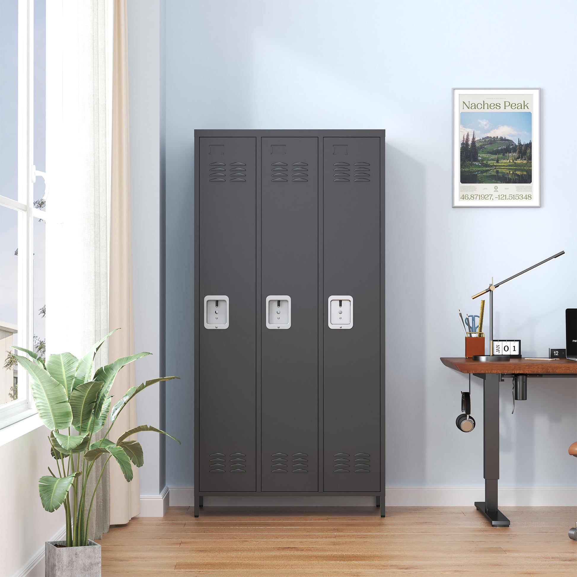 3 Door 72"H Metal Lockers With Lock For Employees,Storage Locker Cabinet For Home Gym Office School Garage,Black Freestanding 5 Or More Spaces Black Gym Door Locks Modern Metal Metal