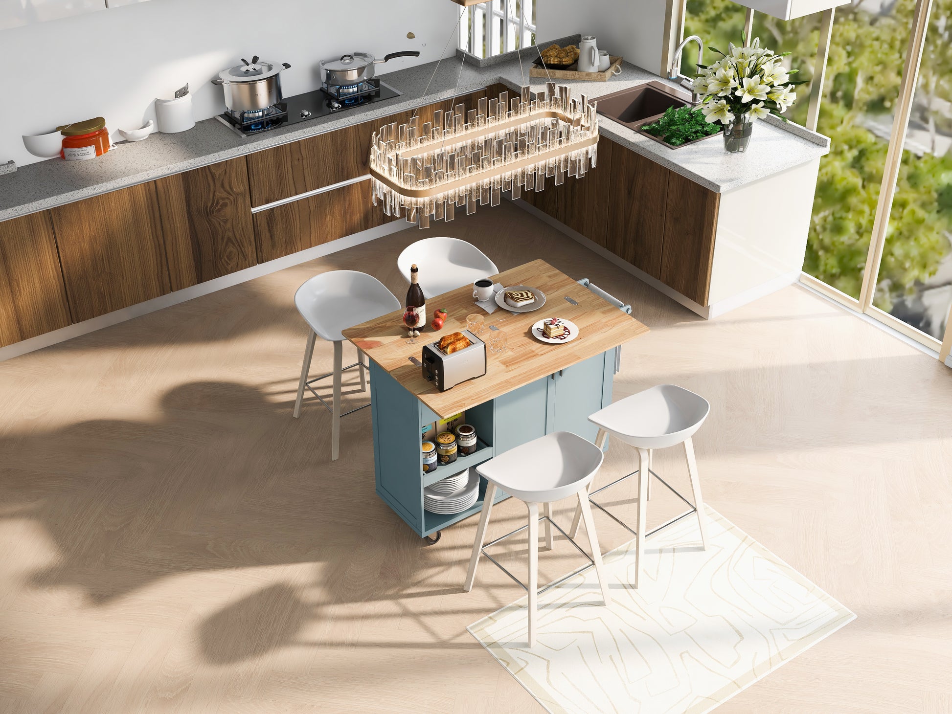 K&K Kitchen Island With Foldable Counter Top, Kitchen Storage Cart With Slide Out Shelf, Towel Rack And Drawer, Rolling Kitchen Cart On Wheels, For Kitchen, Living Room, Dining Room, Grey Blue Grey Blue Brown Kitchen Classic,Farmhouse,Luxury,Modern