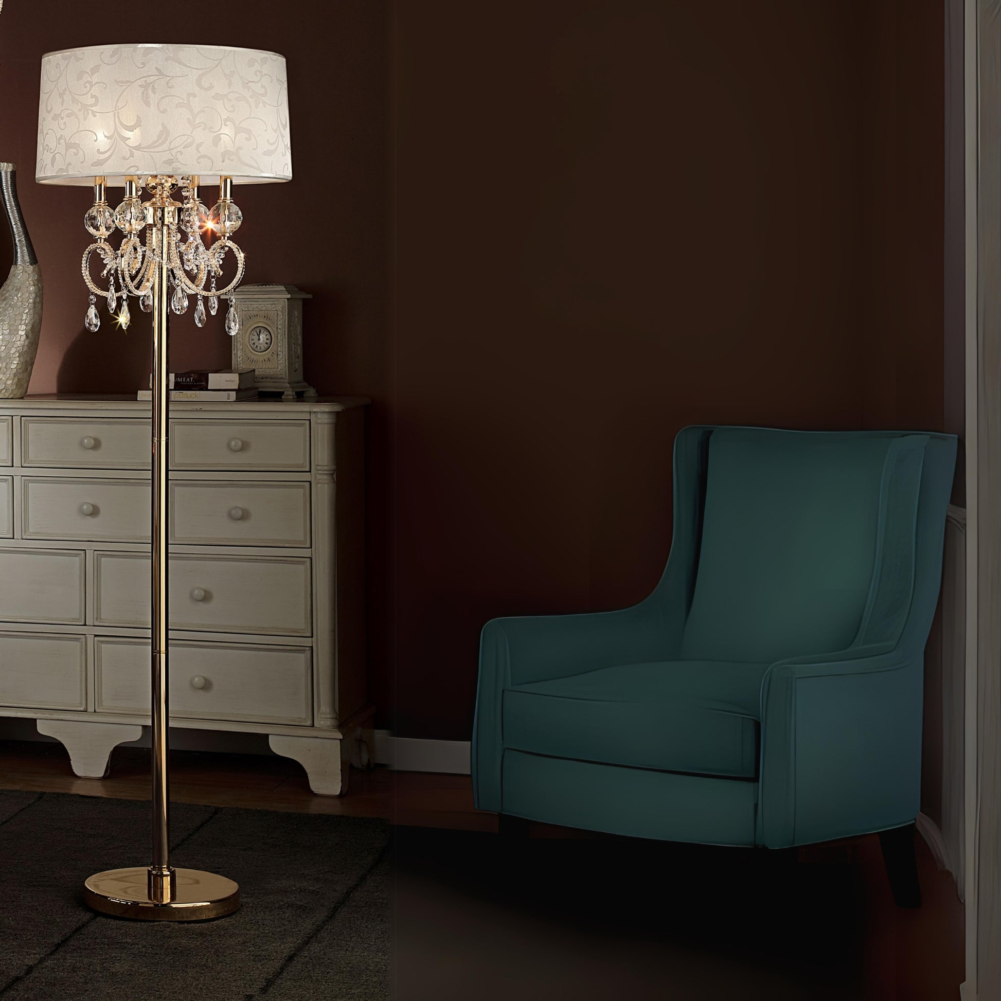 63" Tall Metal Floor Lamp "Aurora" With Brass Gold Finish And Crystal Accents Multicolor Metal