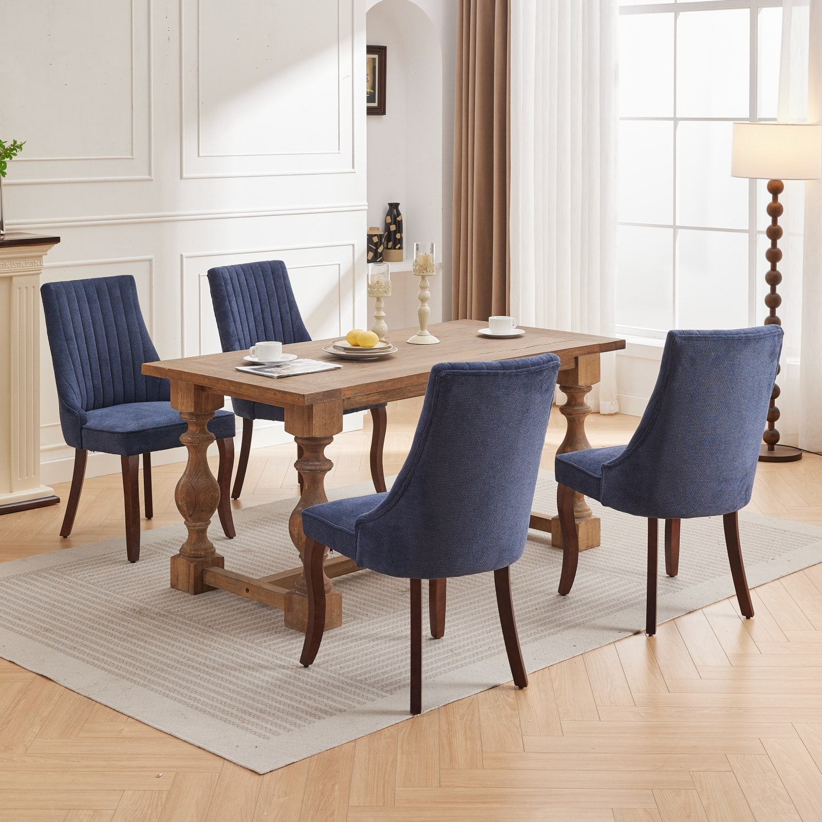 Rayon Cloth Flocking Linen Dining Chairs Channel Kitchen Dinner Chair Comfy Fabric Upholstered Accent Chair For Dining Room With Curved Solid Wood Legs,Set Of 2 Blue , Sw1847Bl Blue Light Brown Dining Room American Design,American Traditional Dining