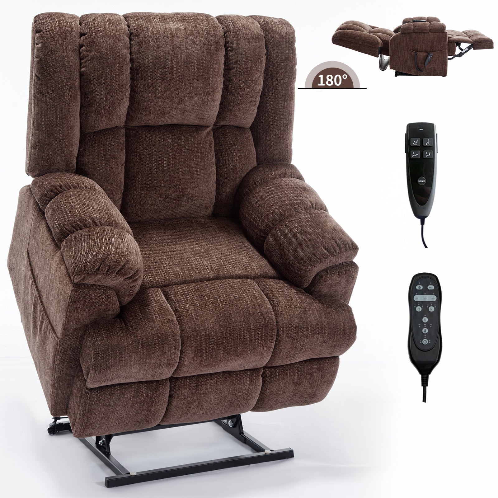 Dual Motor Heat Massage Infinite Position Up To 350 Lbs Electric Power Lift Recliners With Power Remote, Medium Firm And Heavy Duty, Brown White Metal Primary Living Space Heavy Duty Pine Brown Chenille Power Remote Medium Firm Cushion Back American