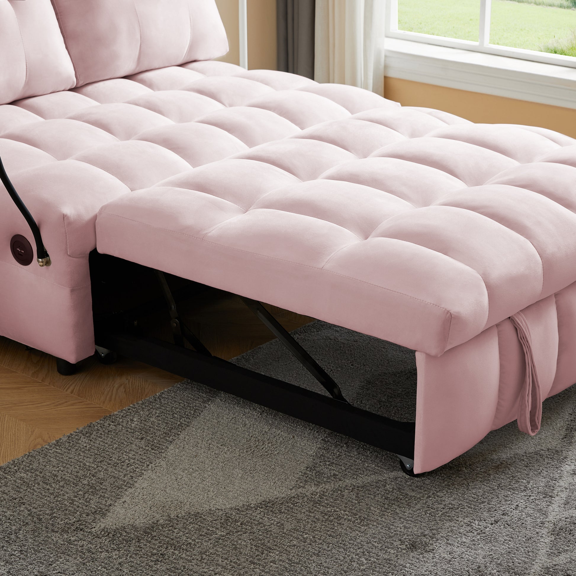 Modern Sofa Velvet Pull Out Bed,Independently Removable Backrest, Have Usb Port And Swivel Phone Stand ,Pink Pink Wood Velvet 2 Seat