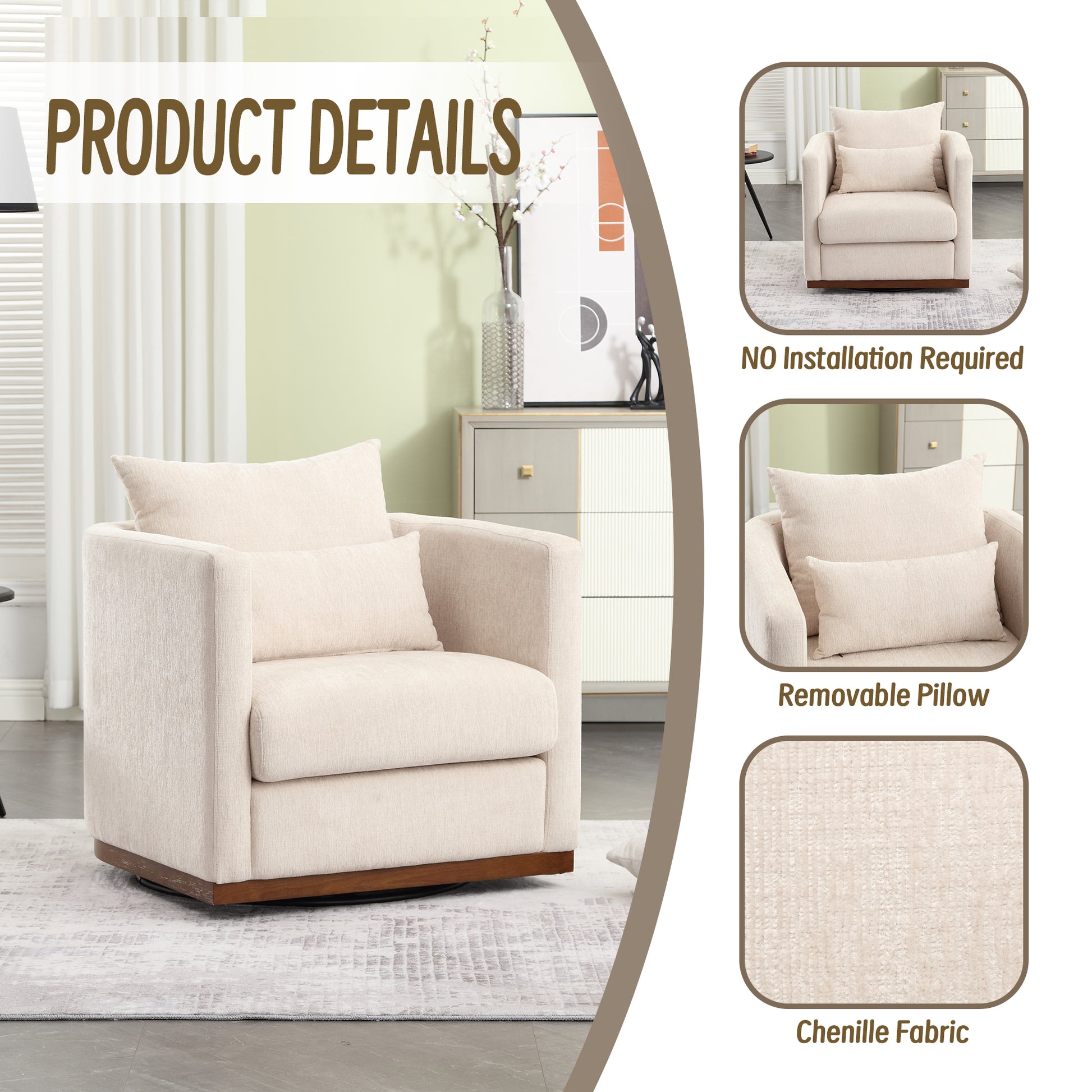 Coolmore Swivel Barrel Chair, Comfy Round Accent Sofa Chair For Living Room, 360 Degree Swivel Barrel Club Chair, Leisure Arm Chair For Nursery, Hotel, Bedroom, Office, Lounge Beige Chenille Beige Primary Living Space Foam Chenille