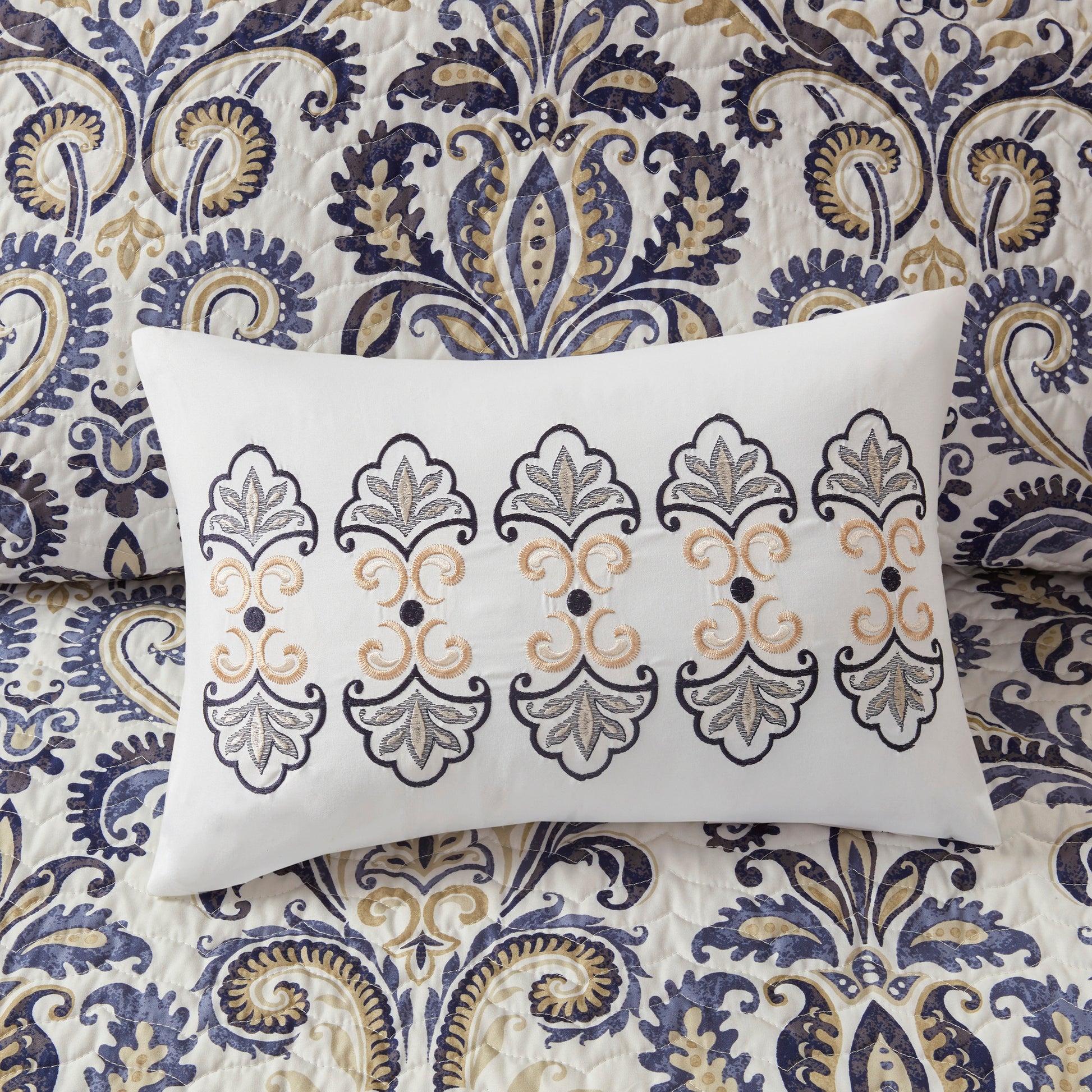 6 Piece Reversible Quilt Set With Throw Pillows Navy Tan Full Queen Full Navy Cotton