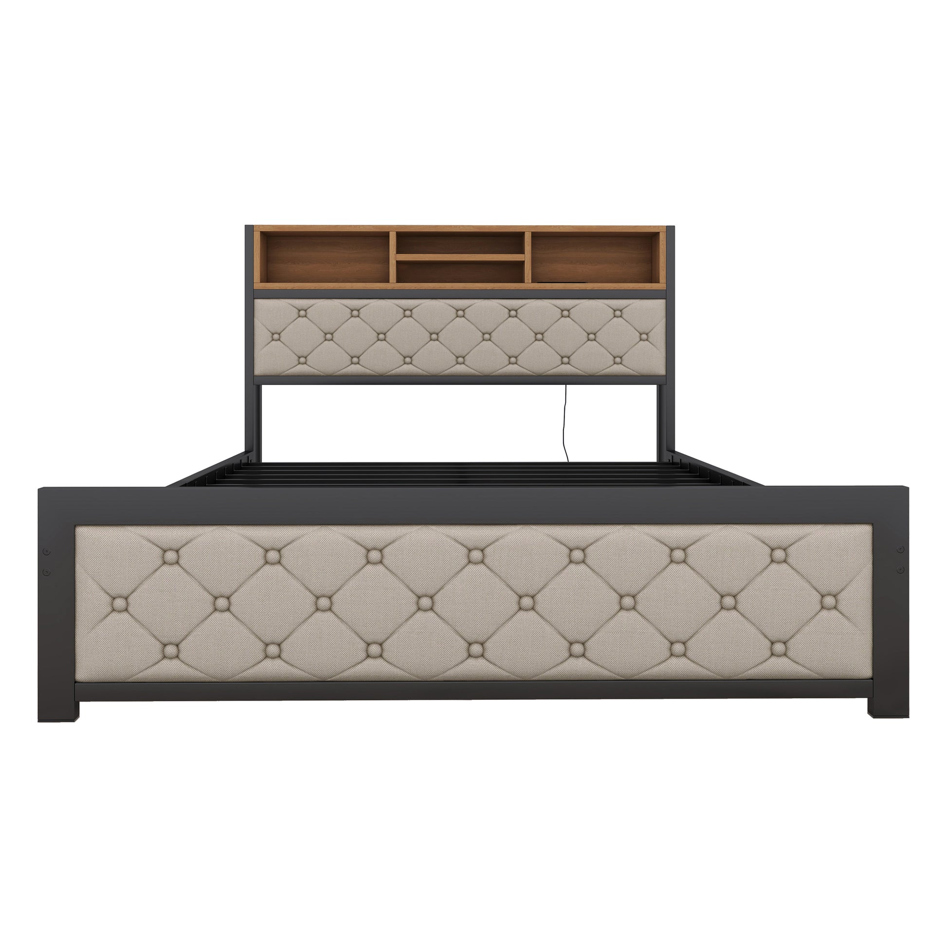 Metal Full Size Platform Bed With 4 Drawers, Upholstered Headboard And Footboard, Sockets And Usb Ports, Beige Full Beige Black Fabric Metal