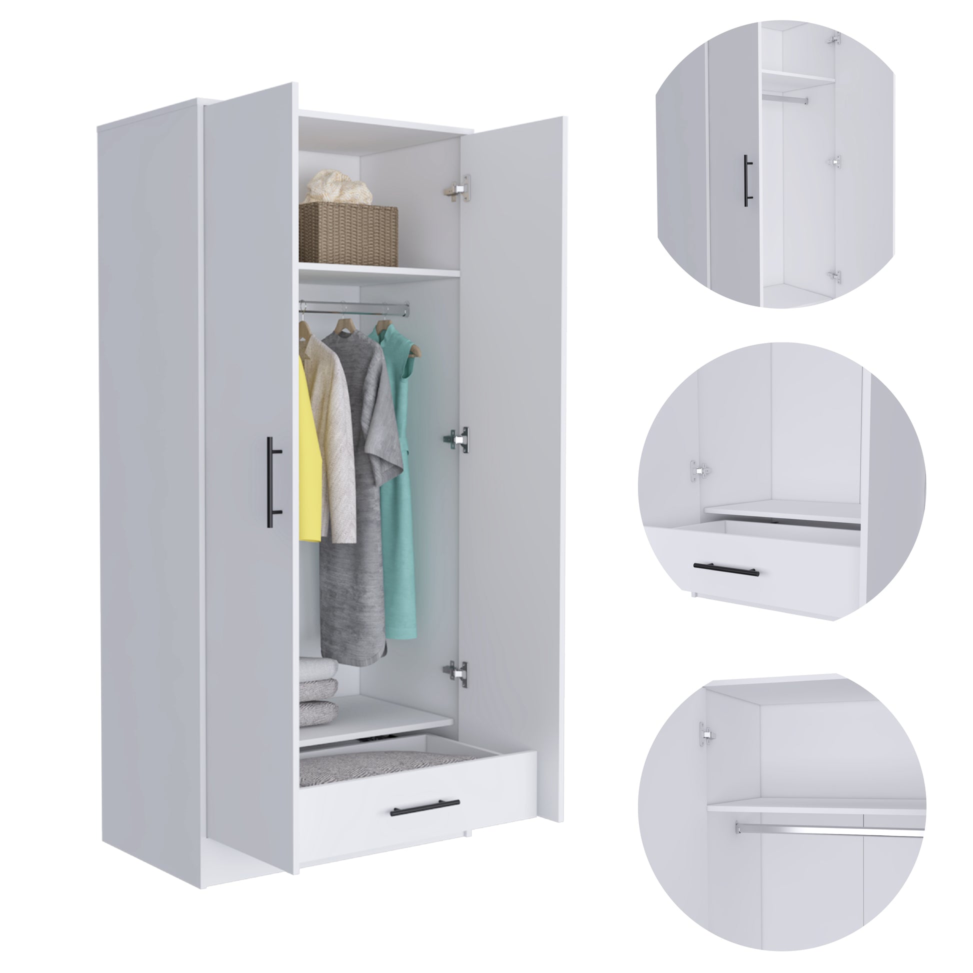 Ambery 180 Armoire, Two Shelves, Double Door, Metal Rod, One Drawer White White Bedroom Modern Particle Board Particle Board