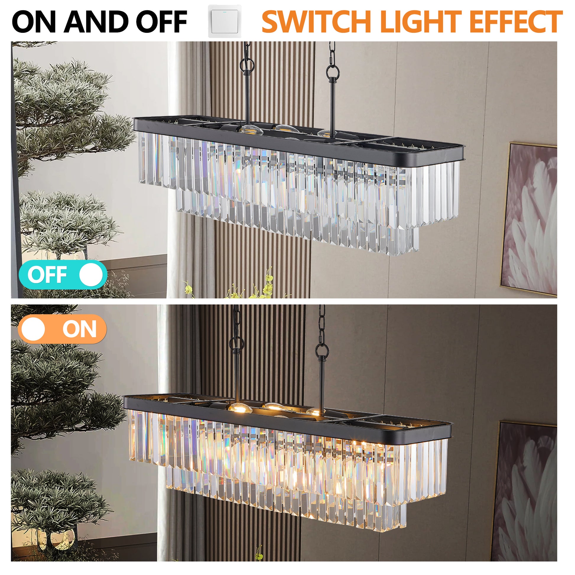 Chandeliers,Rectangular Crystal Chandelier Adjustable,E12 Modern Industrial Crystal Lights,Farmhouse Iron Ceiling Hanging Light For Kitchen Living Room Bedroom Black Bulb Not Included Black Crystal Iron
