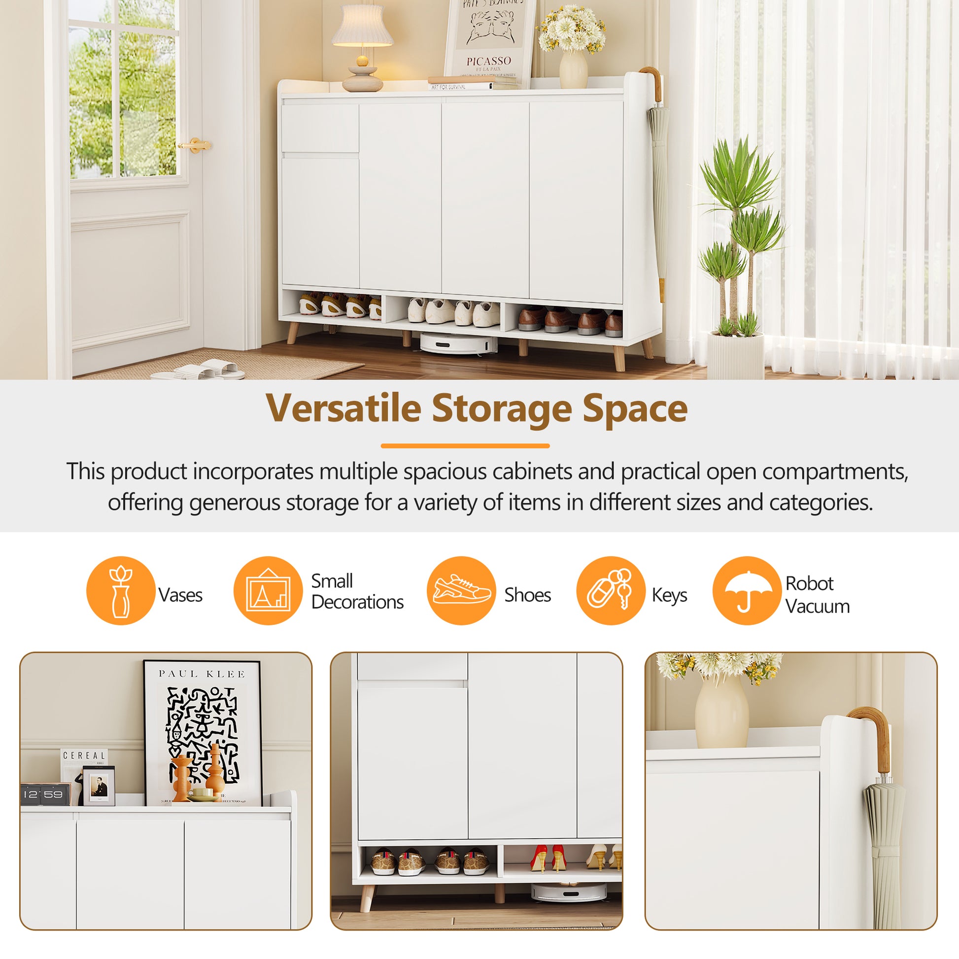 Sleek And Contemporary Shoe Cabinet With Adjustable Shelves, Minimalist Home Organizer With Solid Wood Legs, Storage Sideboard For Entryway, Living Room, White White Primary Living Space Particle Board