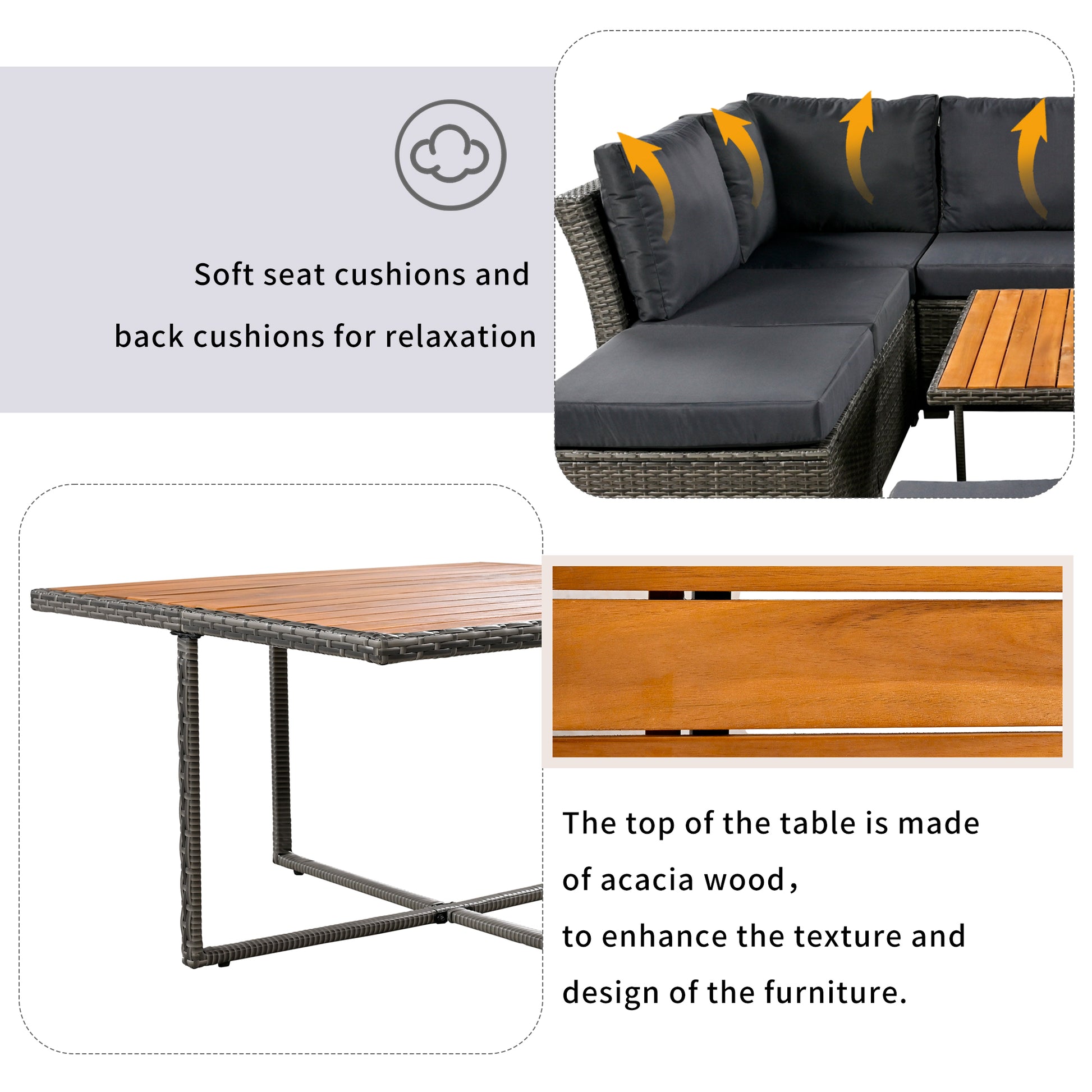 Patio Furniture Set, 10 Piece Outdoor Conversation Set, Coffeetable With Ottomans, Solid Wood Coffee Table Grey Rattan