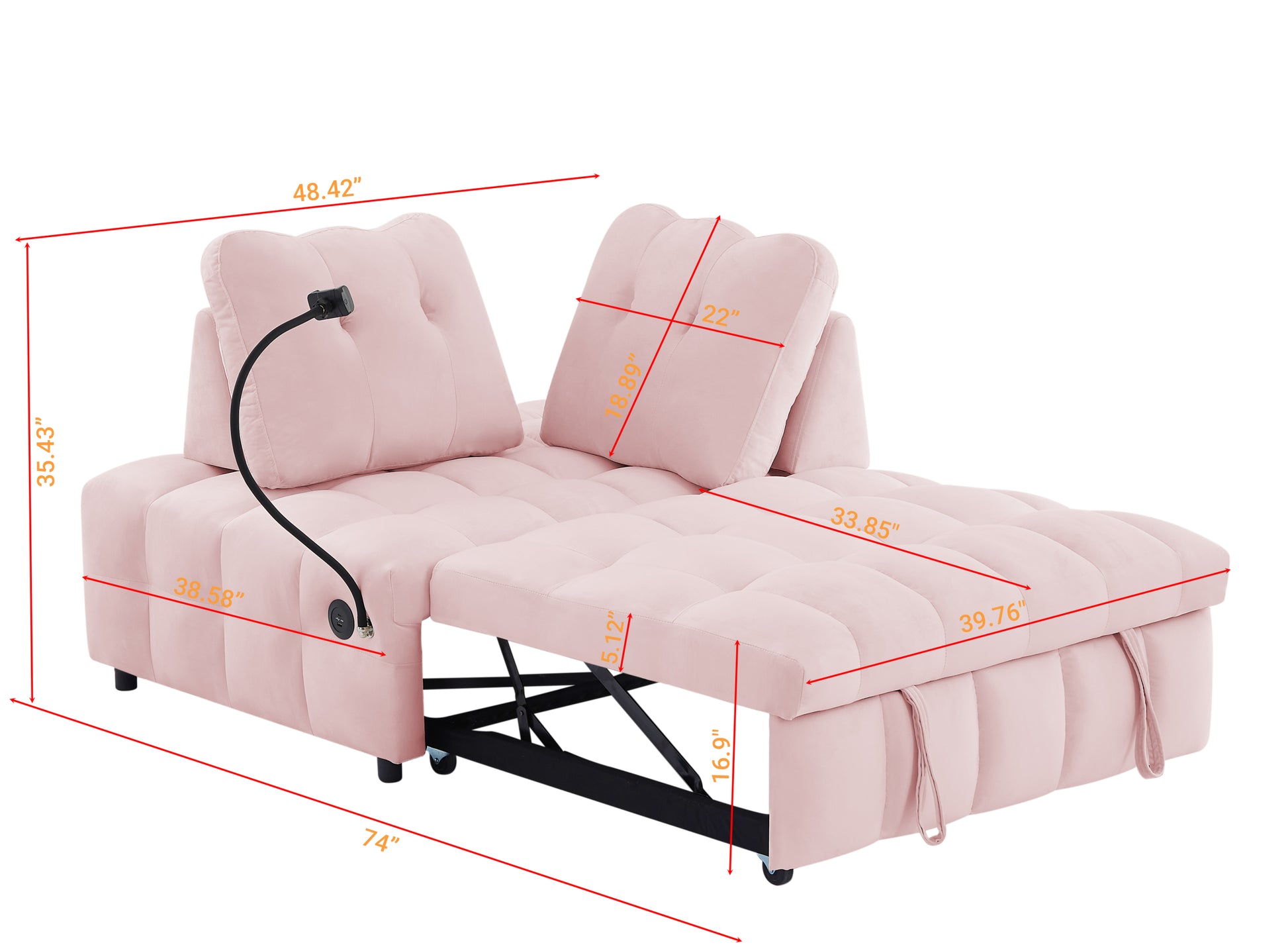Modern Sofa Velvet Pull Out Bed,Independently Removable Backrest, Have Usb Port And Swivel Phone Stand ,Pink Pink Wood Velvet 2 Seat