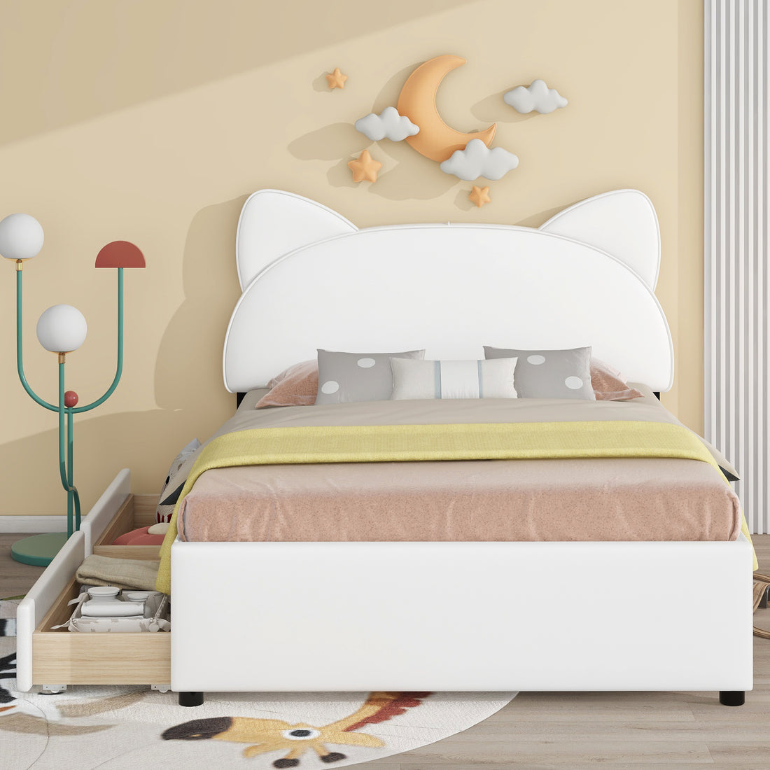 Full Size Upholstered Platform Bed With Cartoon Ears Shaped Headboard And 2 Drawers, White Box Spring Not Required Full White Wood Bedroom Bed Frame Faux Leather Upholstered