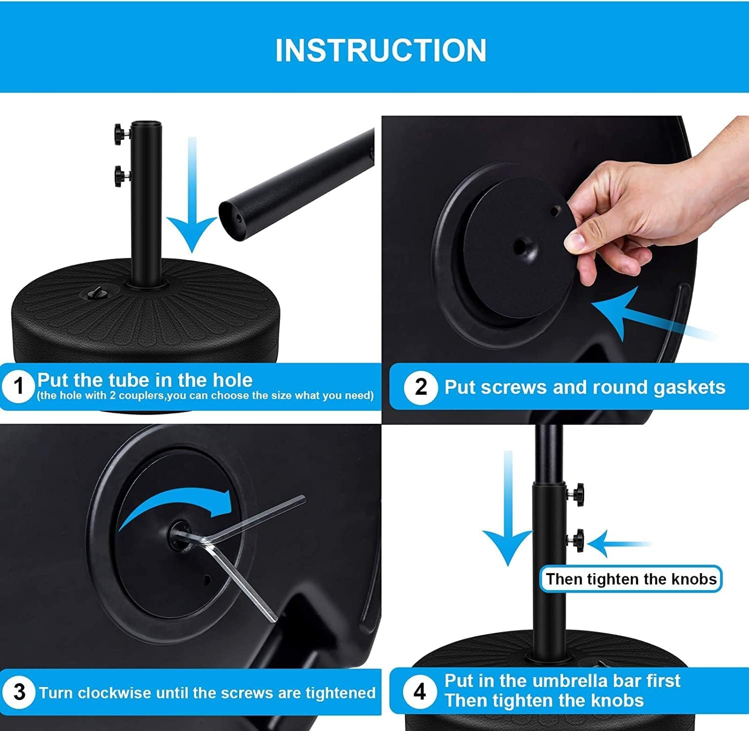 20" Heavy Duty Patio Base Stand With Steel Umbrella Holder, Water Or Sand Fillable For Outdoor, Lawn, Garden, 50Lbs Weight Capacity, 2 Pack, Black Round 2Pack Black Polypropylene