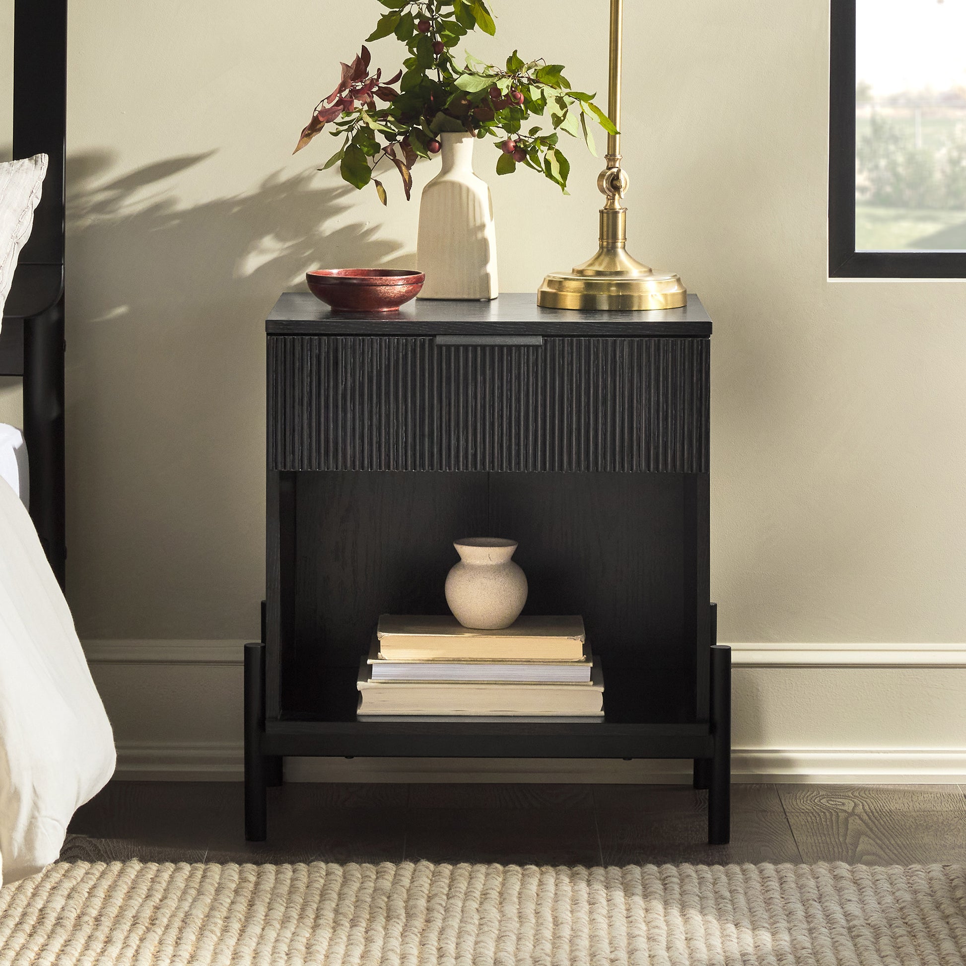 Modern Fluted Drawer Nightstand With Open Cubby Black Black Mdf Mdf