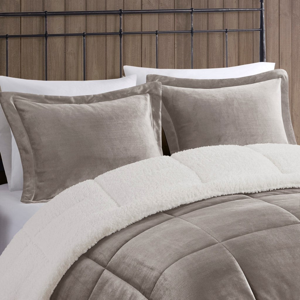 Plush To Sherpa Down Alternative Comforter Set King Grey Ivory Polyester