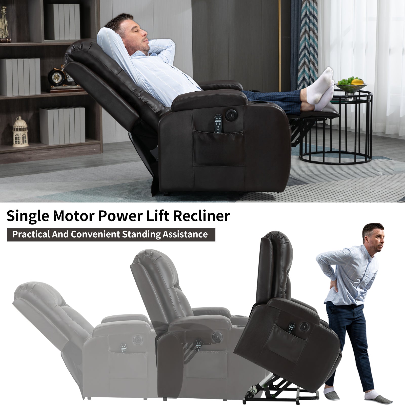 Infinite Position Up To 350 Lbs Power Lift Recliner Chair For Elderly, Heavy Duty Motion Mechanism With 8 Point Vibration Massage And Lumbar Heating, Usb Charging Port, Cup Holders, Brown White Metal Primary Living Space Heavy Duty Pine Brown Faux