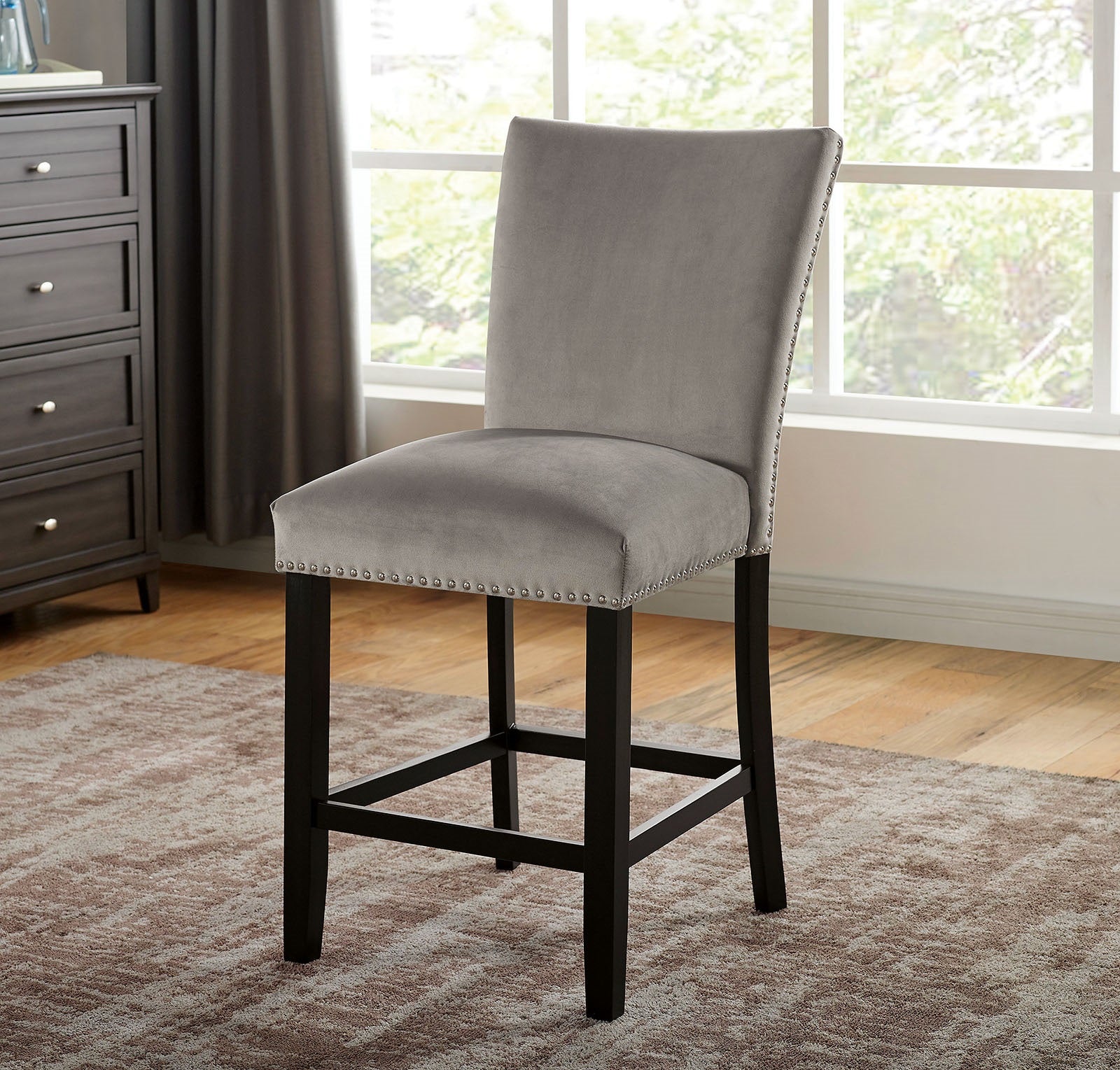 Attractive Set Of 2Pc Counter Height Chairs Dining Room Furniture Gray Flannelette Seat Trim Kitchen Breakfast Black,Light Gray Dining Room Modern,Transitional Dining Chairs Rubberwood Solid Back