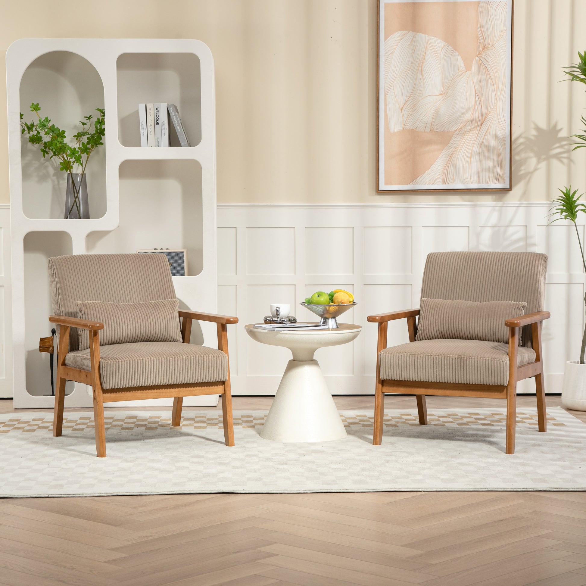 Leisure Chair With Solid Wood Armrest And Feet, Leisure Chair, Wood Frame, Velvet, Solid Rubber Wood Legs, Mid Century Modern Accent Chair, For Living Room Bedroom Studio Chair,Two Packs Camel Corduroy