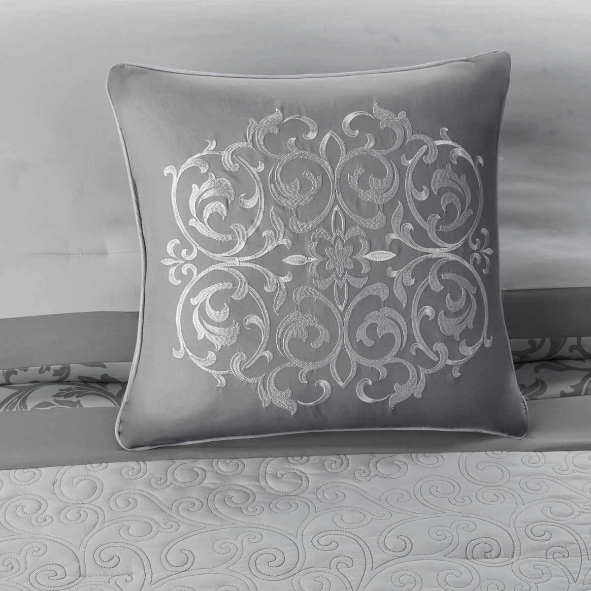 Embroidered 8 Piece Comforter Set Grey Queen Queen Grey Polyester