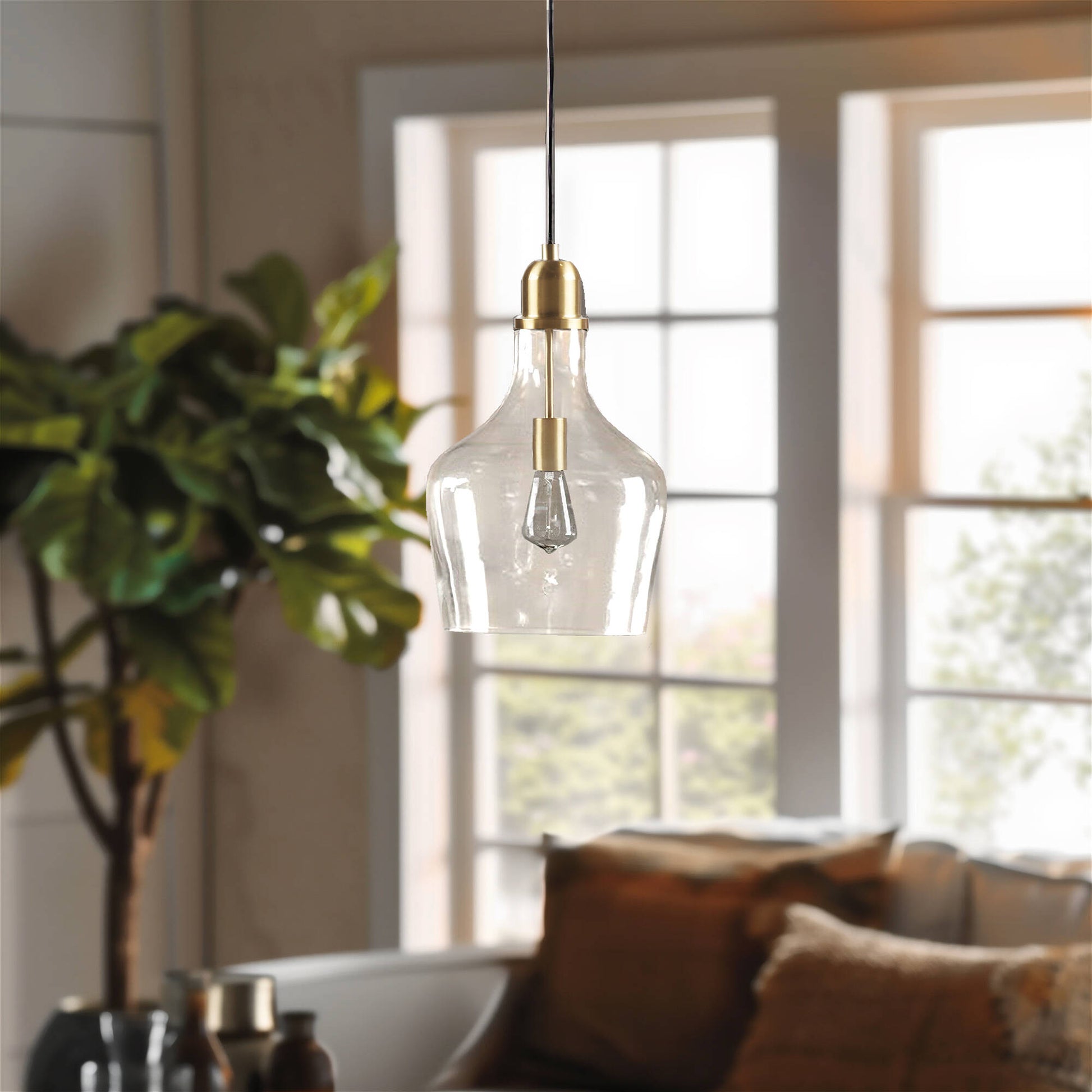 Bell Shaped Glass Pendant Gold Clear Dia.13" Gold Clear Glass Metal