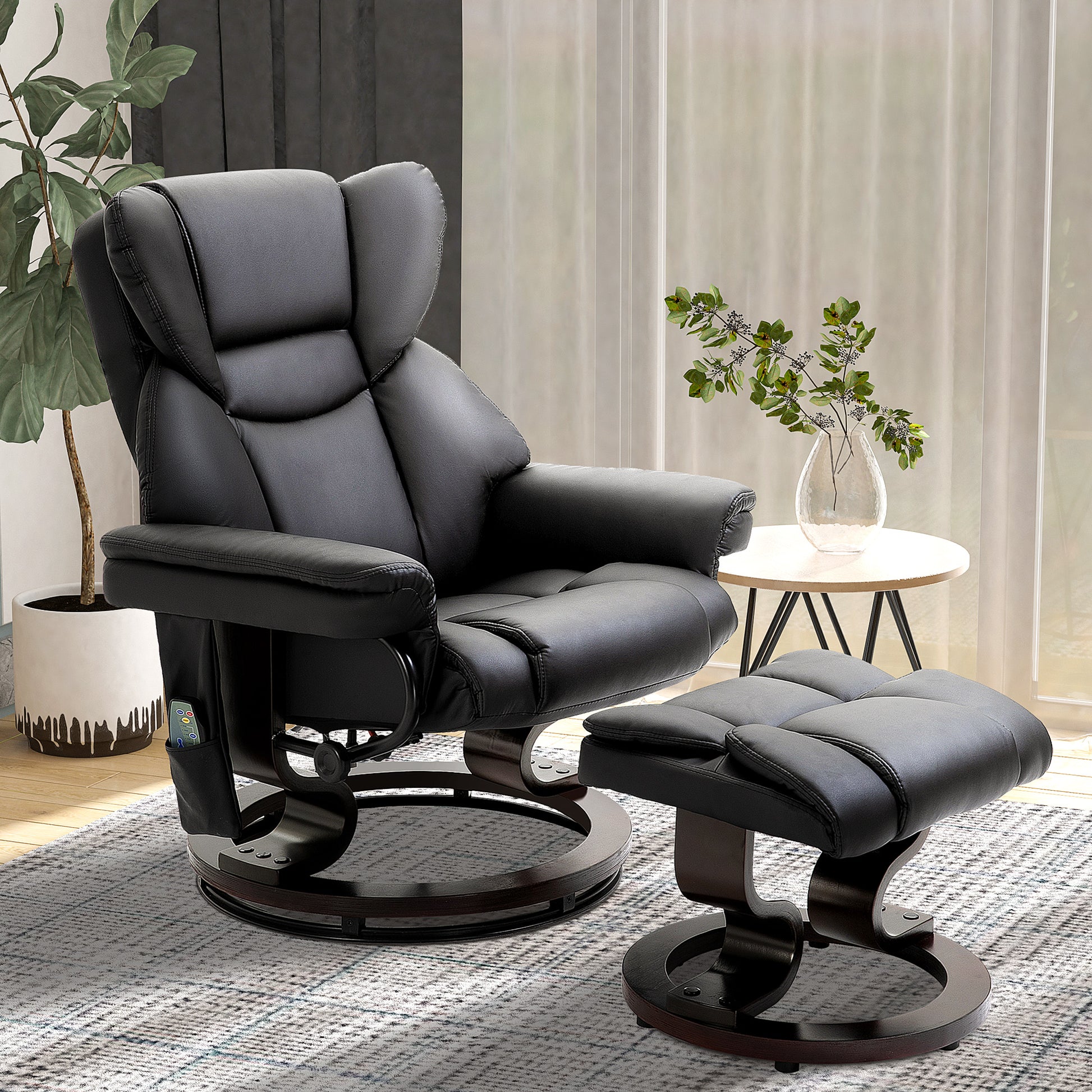 Homcom Massage Recliner Chair With Ottoman Footrest, 10 Vibration Points, 360 Swivel Reclining Chair, Faux Leather Living Room Chair With Side Pocket And Remote Control, Black Black Wood Metal