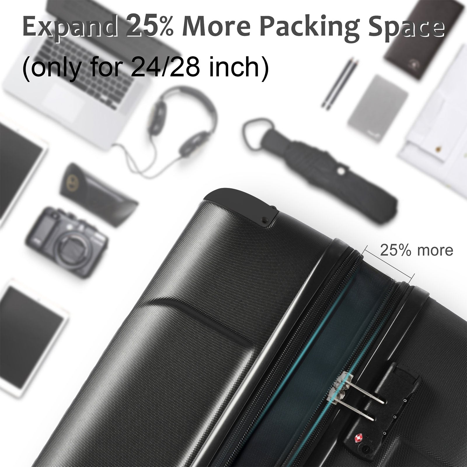 Hardshell Luggage, Lightweight Durable Abs Suitcases With Double Wheels, Expandable 28 Inch Checked Luggage 28" Single Luggage Black Abs