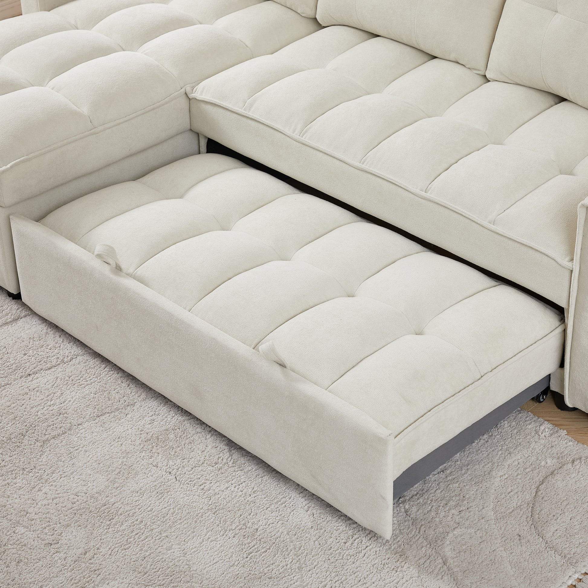 Mh 78.75" Reclining Sofa, Pull Out Sofa Bed With Usb And Tape C Charging Ports, L Shaped Sectional Sofa With Reclining Storage And Arm Side Organizer Pocket Features, Living Room Comfort Sofa Beige