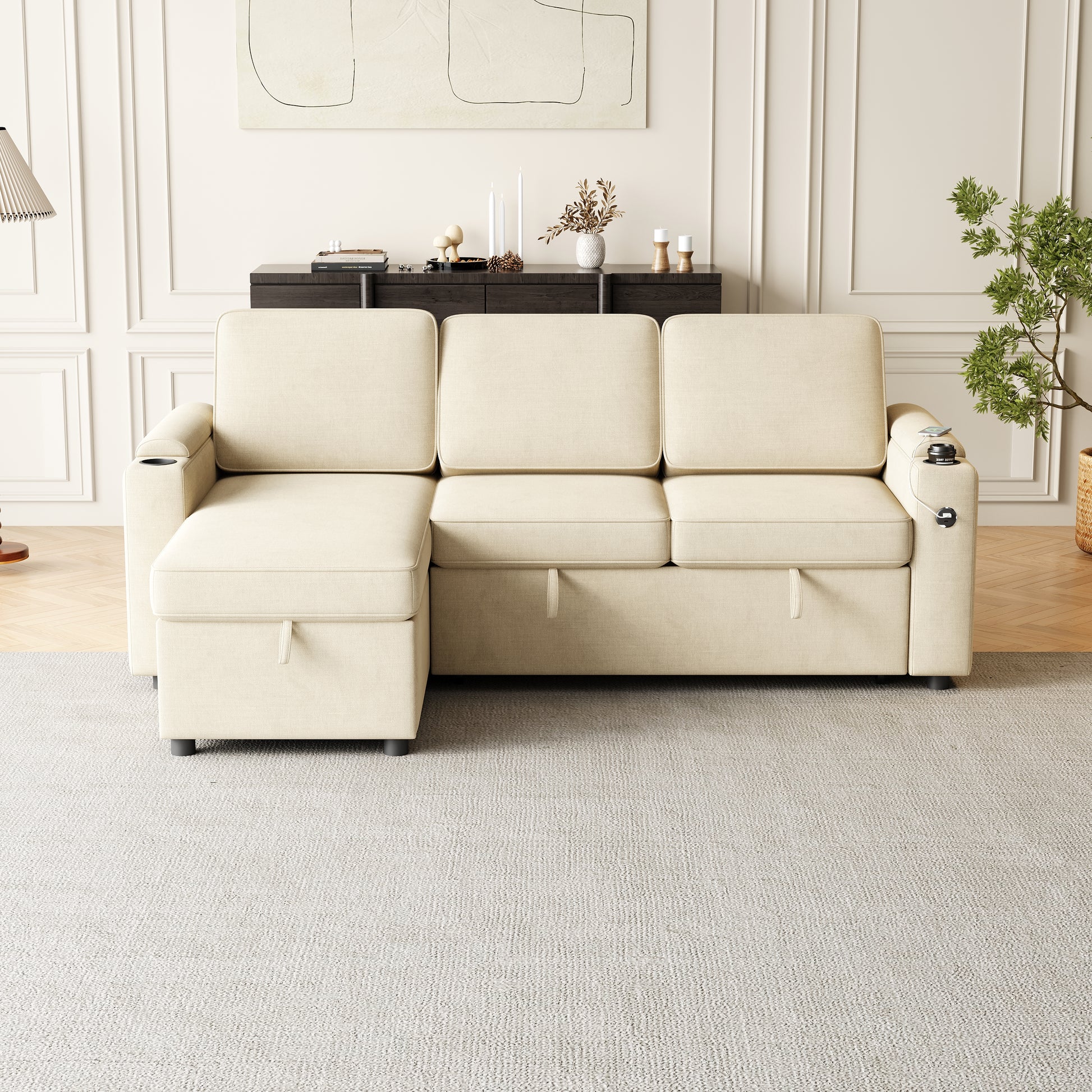 Mh85.8" Sleeper Sofa, Sofa Bed 2 In 1 Pull Out Sofa Bed With Storage Sofa, Sofa Sleeper With Pull Out Bed With Charging Port Beige Primary Living Space Eucalyptus Polyester Fabric 3 Seat