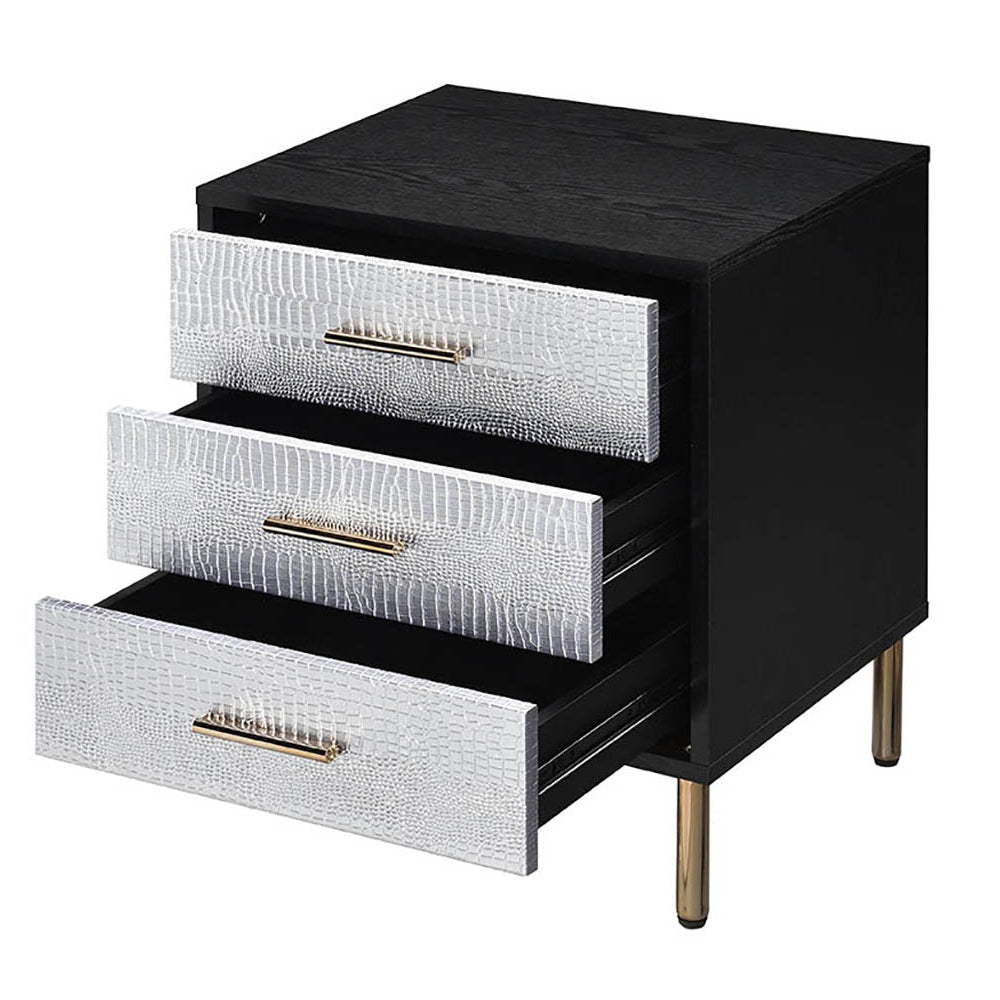 Black, Silver And Gold 3 Drawer Nightstand With Metal Leg White Black 3 Drawers Bedroom Rectangle Glam Drawers Wood Metal