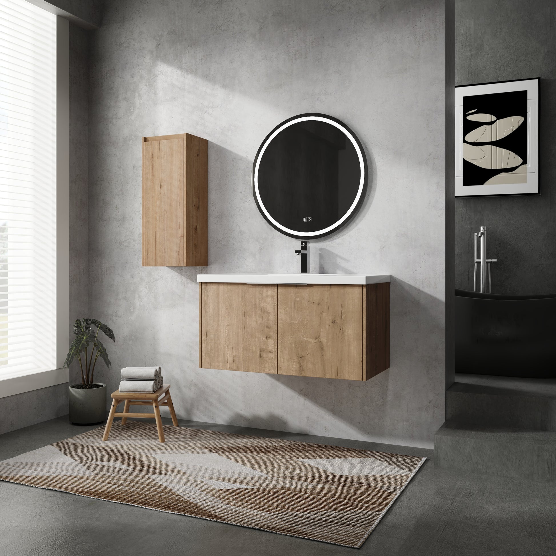 36" Wall Mounted Bathroom Vanity With Sink And Side Cabinet, Soft Close Doors,00112Imo 00636Imo Combination Cabinet Kd Packing Imitative Oak Bathroom Modern Plywood Plywood