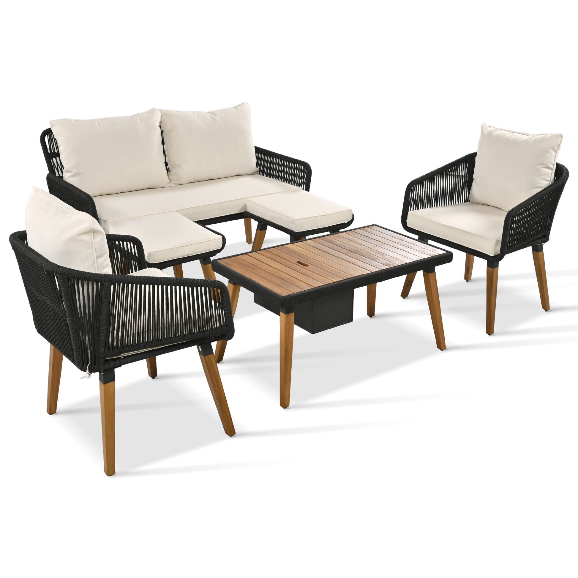K&K 6 Piece Rope Patio Furniture Set, Outdoor Furniture With Acacia Wood Cool Bar Table With Ice Bucketdeep Seat Patio Conversation Set With Two Stools For Backyard Porch Balcony Black & Beige Yes Complete Patio Set Beige Black Seats 6 Weather Resistant