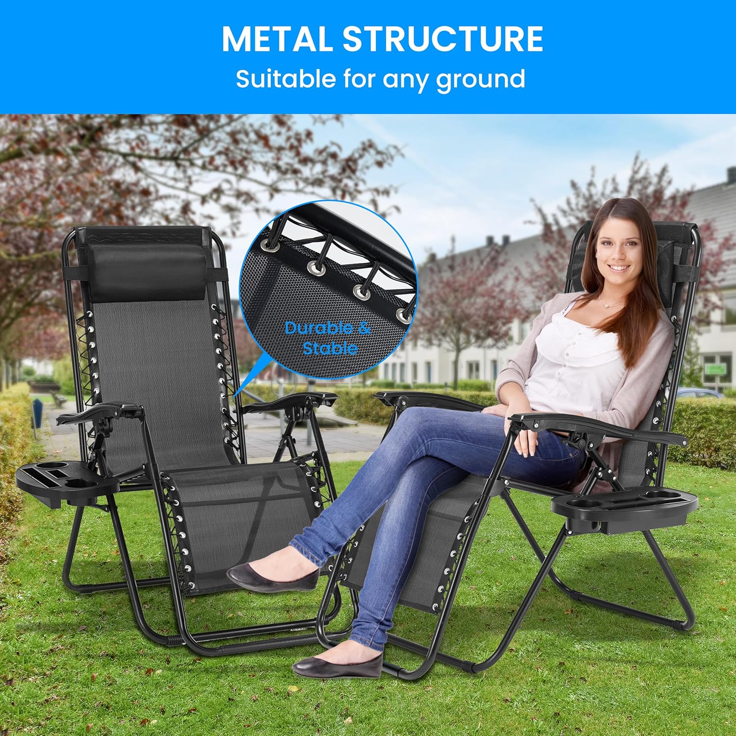 2 Set Zero Gravity Chairs Patio Portable Reclining Folding Lounge Chair Beach Camping Chairs With Pillow And Cup Holder Trays For Garden, Poolside, Black Black Steel