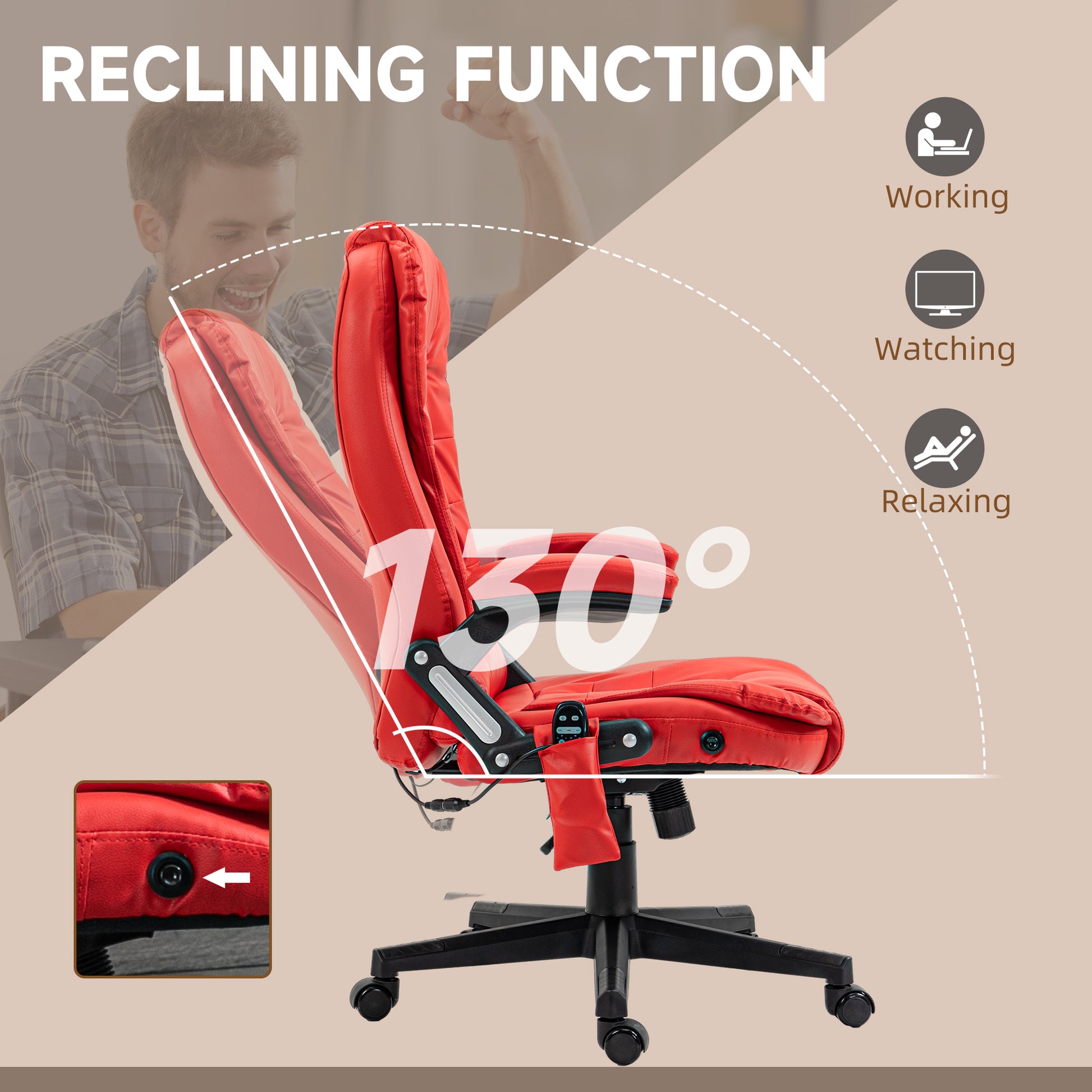Homcom High Back Vibration Massage Office Chair With 6 Vibration Points, Heated Reclining Pu Leather Computer Chair With Armrest And Remote, Red Red Pu