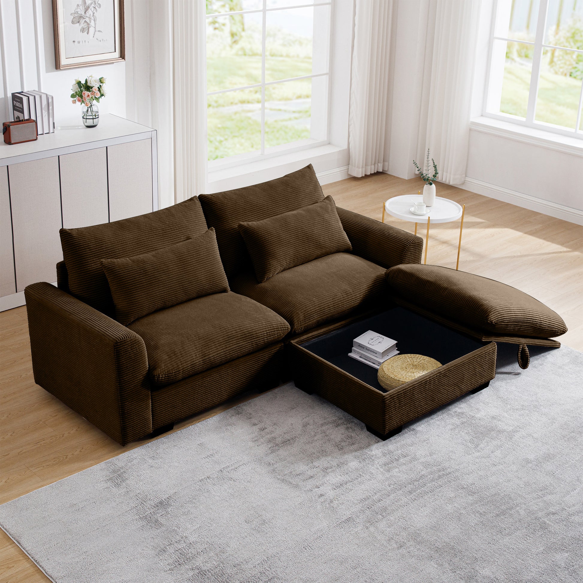 Sectional Sofa Comfy Corduroy Couch For Living Room With Pillows And Round Armrests, Modern Corduroy Sofa Sleeper Deep Couches With Storage Ottoman Brown, 2 Seat Brown Corduroy 2 Seat