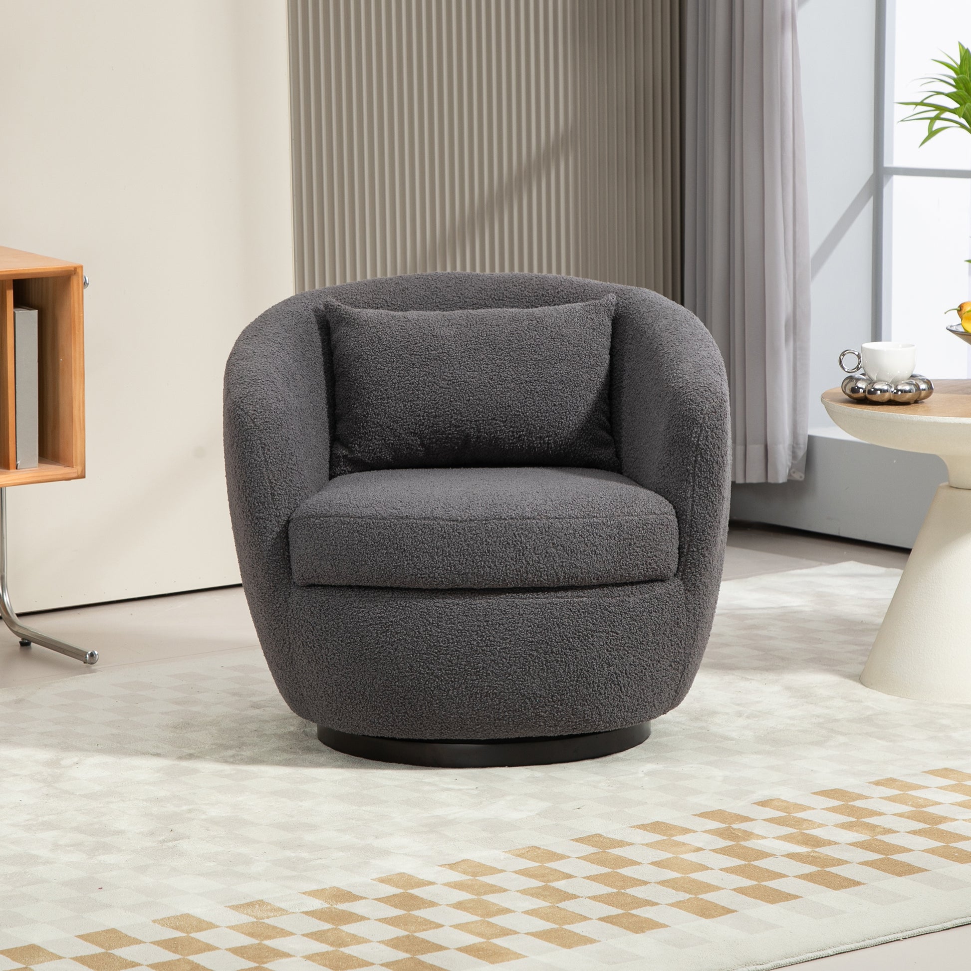Upholstered Swivel Barrel Armchair With Storage Modern Living Room Side Chair For Bedroom Office Reading Spaces Teddy Fabric Grey Grey Foam Upholstered