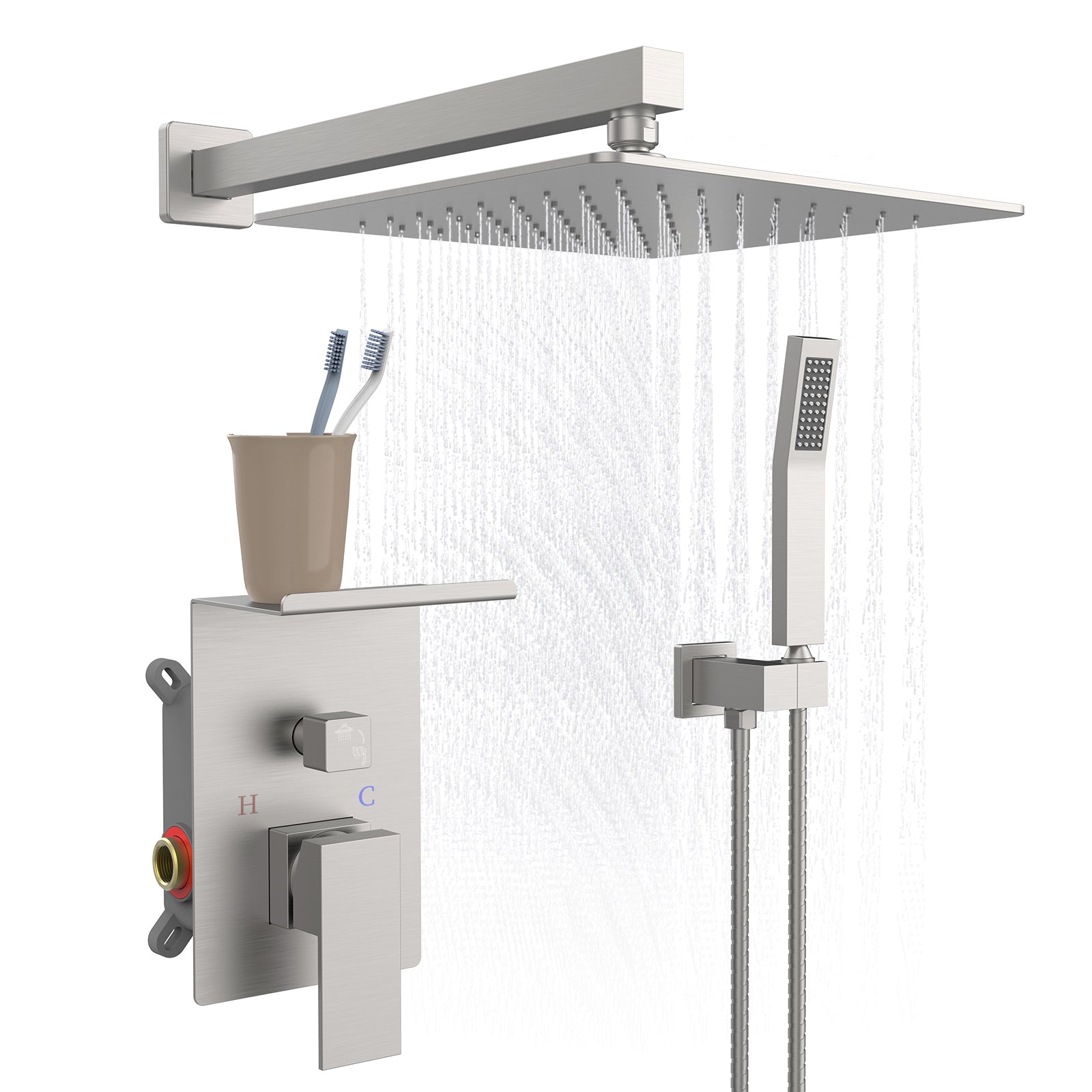 Rainfall Shower System With Storage Rack 10 Inch Shower Faucet Set Brushed Nickel With High Pressure With Square Shower Head Luxury Shower Set Wall Mount Brushed Nickel Metal