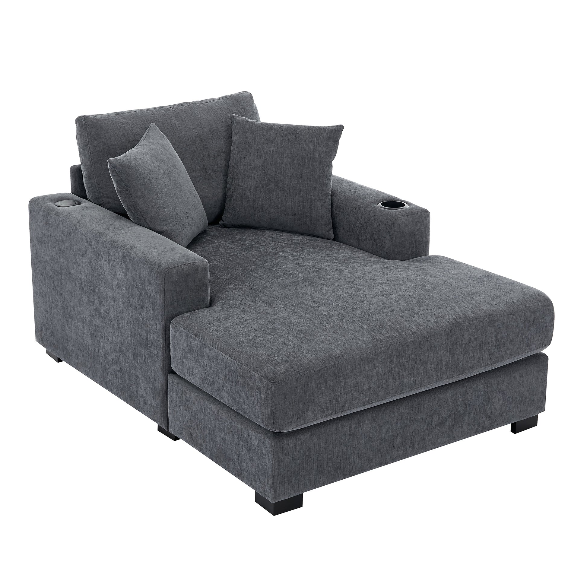 43.5" Oversized Chaise Lounger Modern Style Sofa Couch ,With Pillows, Charge Station & Cup Holders, Chenille Fabric, Blue Gray Blue Gray Chenille