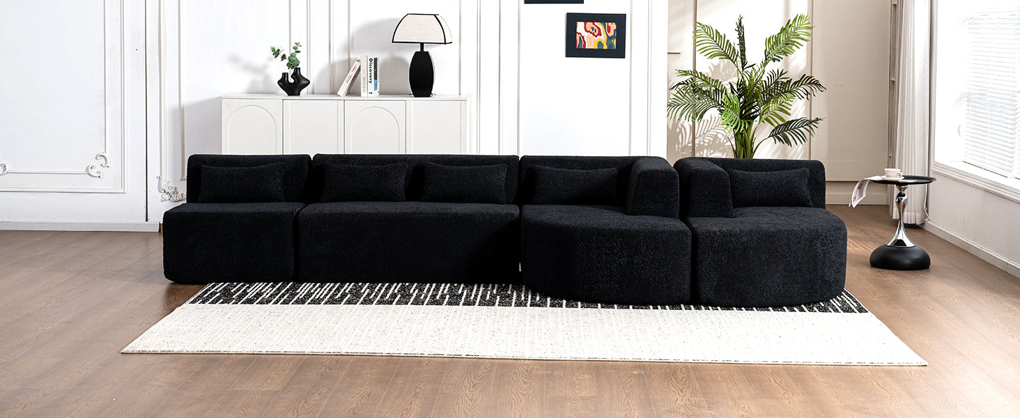 143.7" Upholstered Sofa Free Combined Sofa Couch With Two Chaise Lounge And Five Back Pillows For Living Room, Black Black Foam Polyester 5 Seat