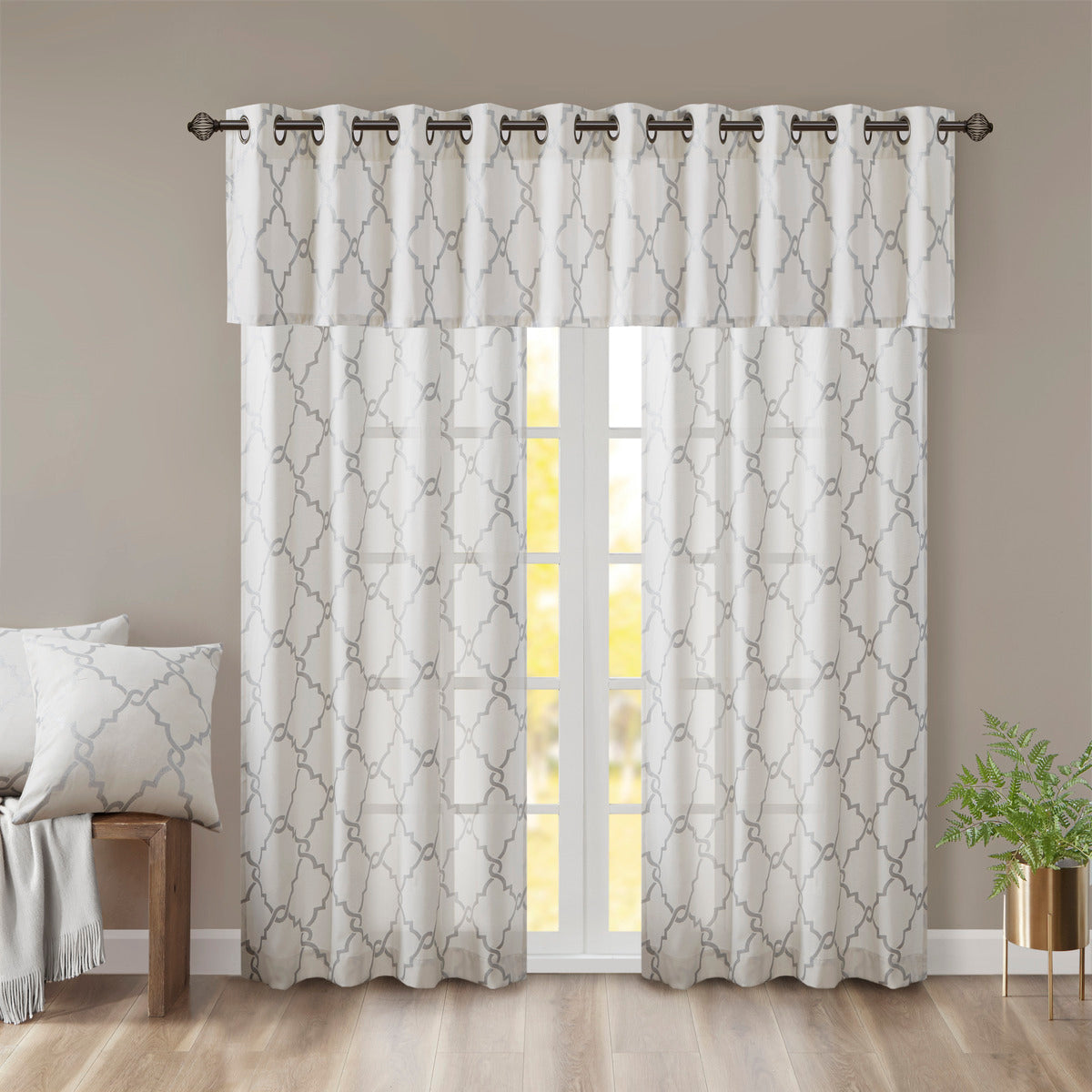 Fretwork Print Grommet Top Window Valance Ivory Grey 50X18" Ivory Grey Polyester