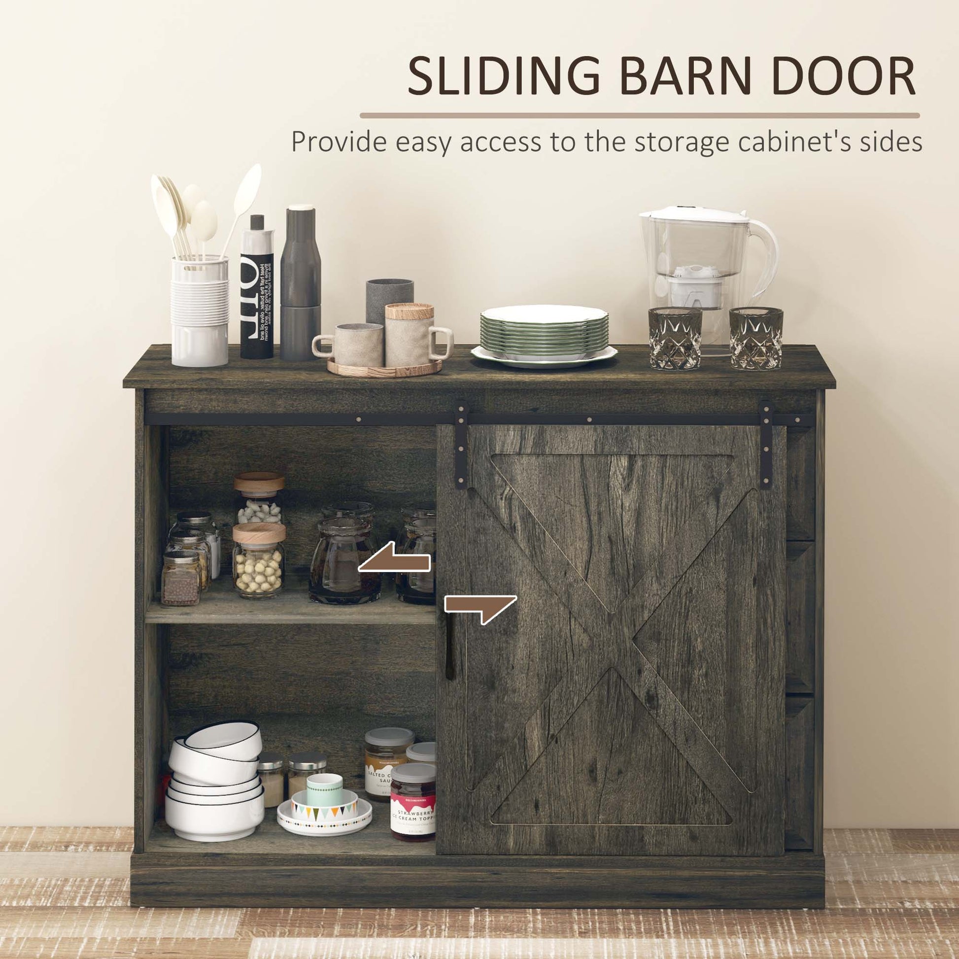 Homcom Farmhouse Sideboard Buffet Cabinet, Kitchen Cabinet Coffee Bar Cabinet With Sliding Barn Door And 3 Storage Drawers For Living Room, Dark Grey Dark Grey Particle Board