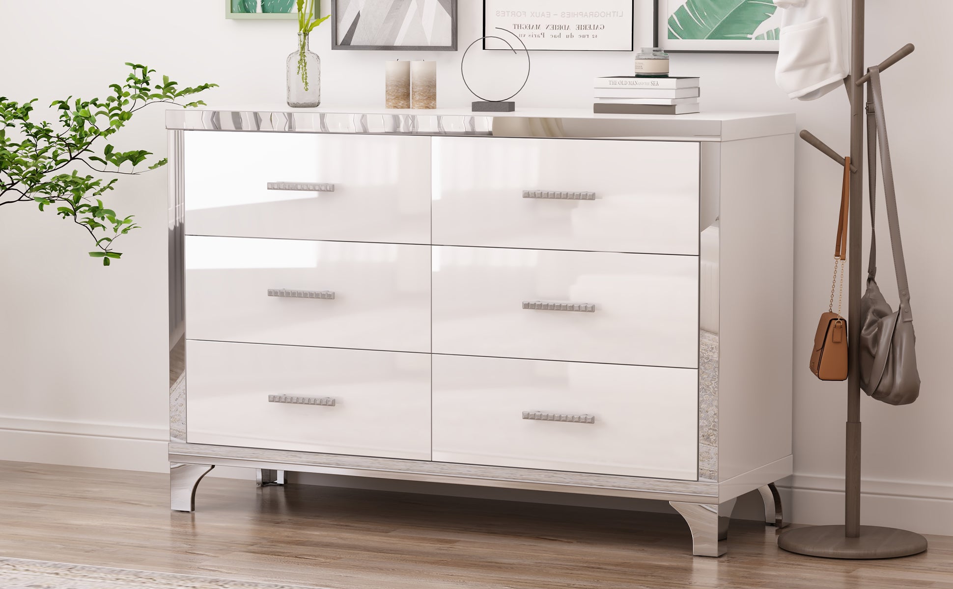 Elegant High Gloss Dresser With Metal Handle,Mirrored Storage Cabinet With 6 Drawers For Bedroom,Living Room,White White Mdf
